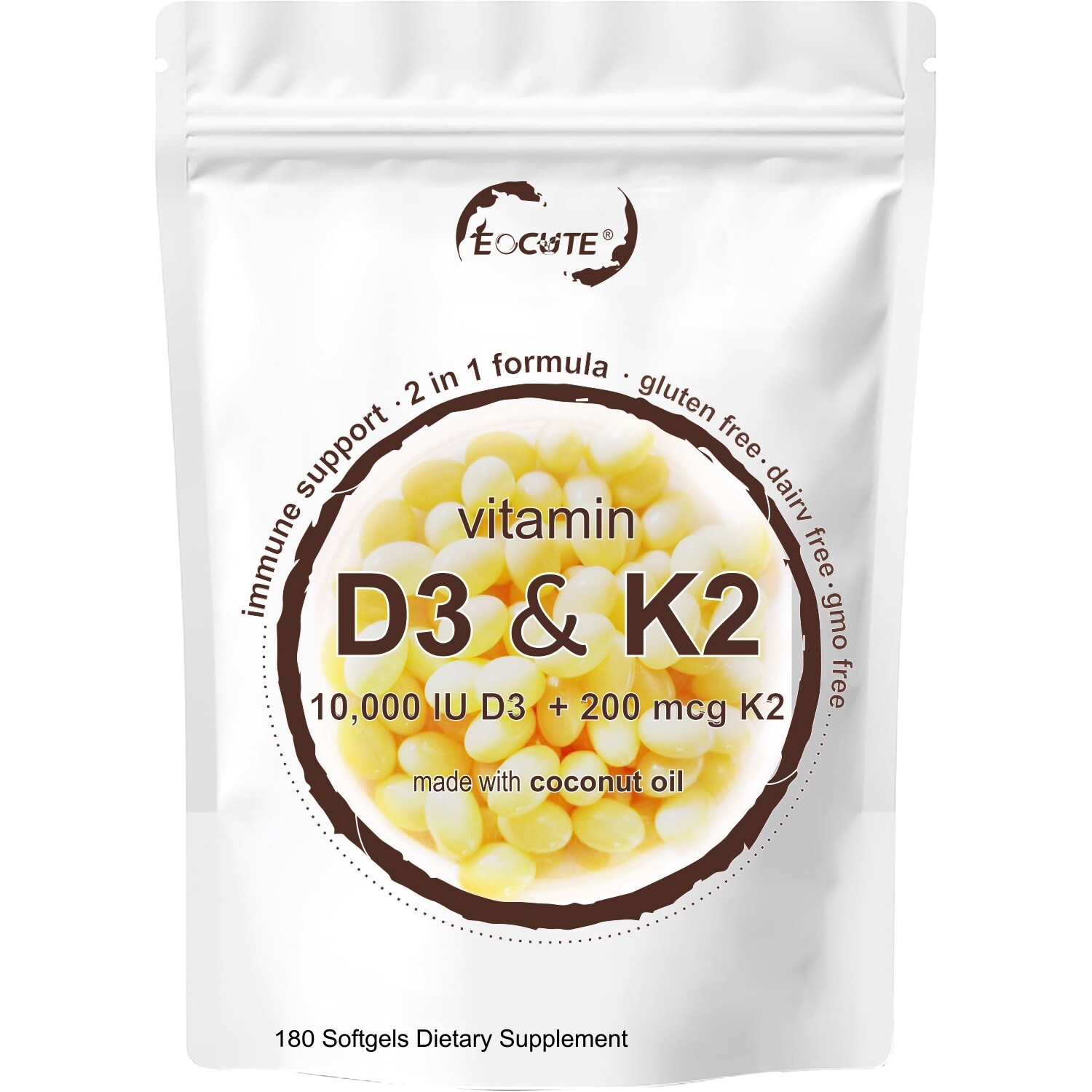Vitamin D3 10000 iu Plus K2 (MK-7) 200 mcg, 180 primary coconut oil soft capsule