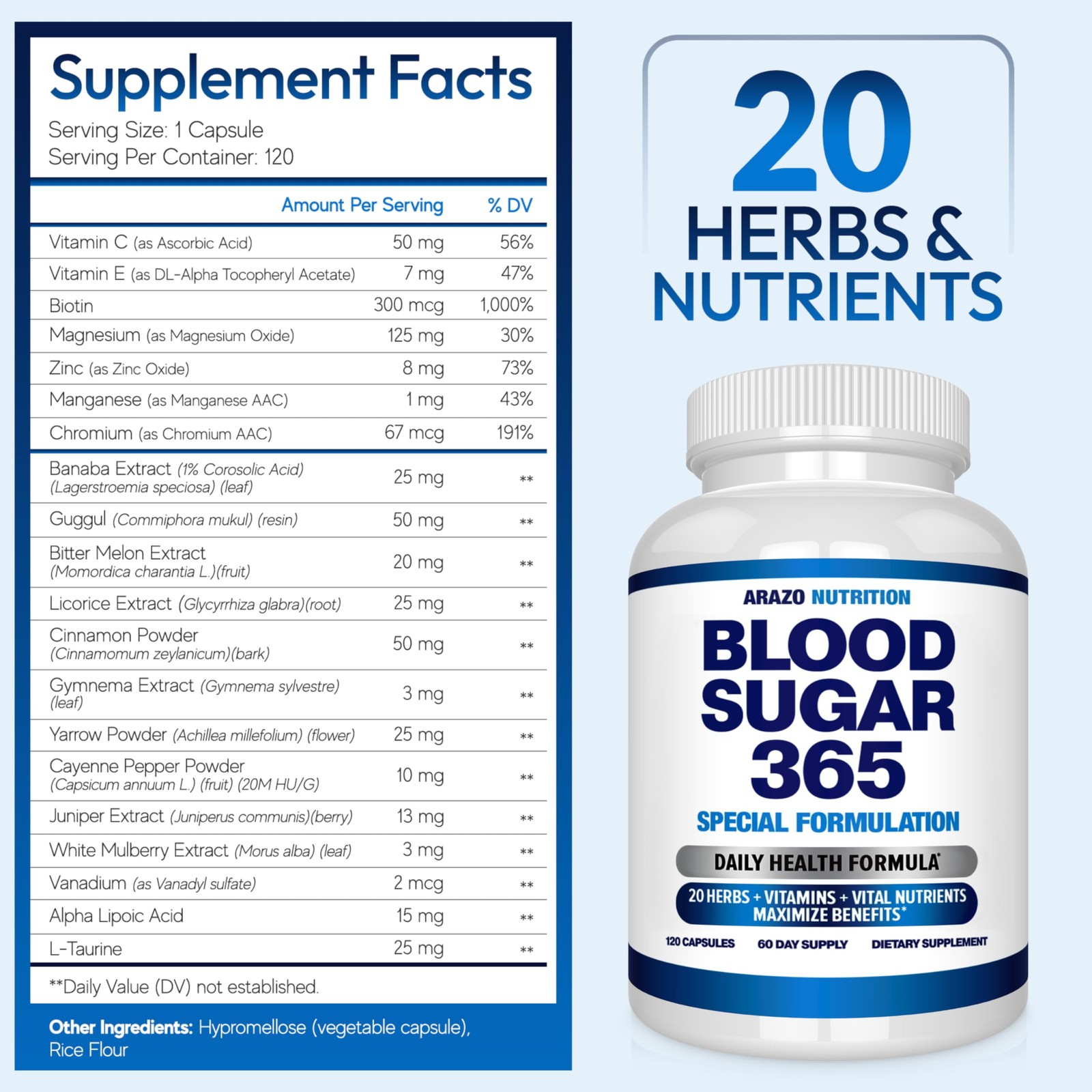 Arazo Nutrition Blood Sugar 365 Supplement – 120 Count (Pack of 1), White