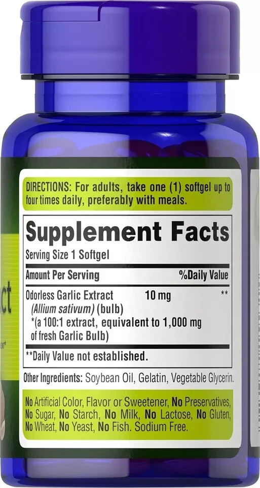 Odorless Garlic Extract 1000 Mg Cholesterol & Antioxidant Supplement 100 Pills