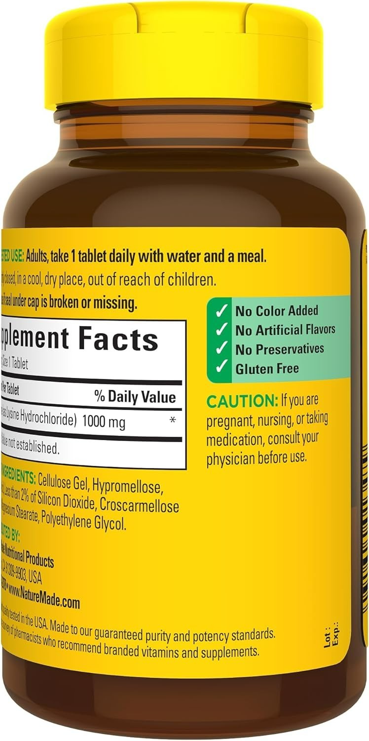 L-Lysine 1000 mg, Dietary L-Lysine Supplements, 60 Tablets, 60 Day Supply