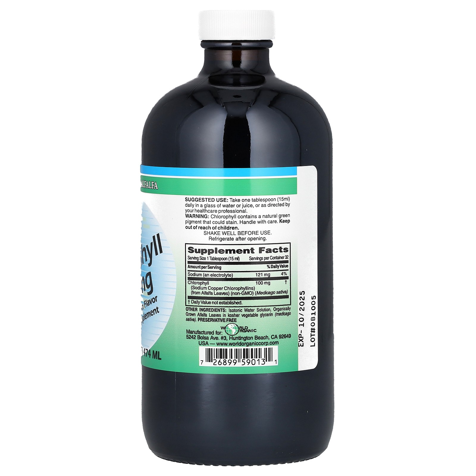 World Organic Liquid Chlorophyll 100 mg 16 fl oz 474 ml Preservative-Free