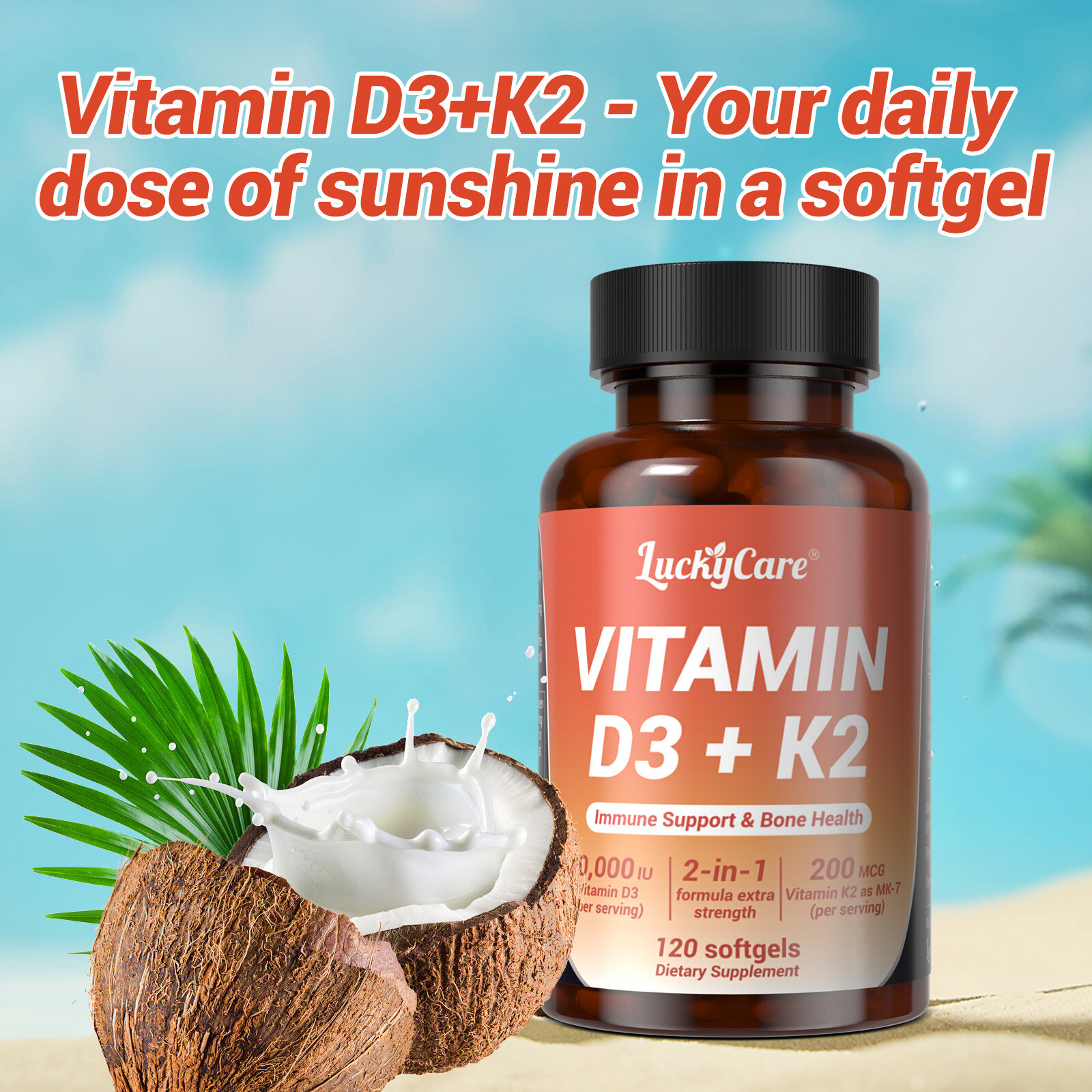Vitamin D3 K2 10000 iu with Coconut Oil, VIT d3 and k2 Supplements, 120 Gel Caps