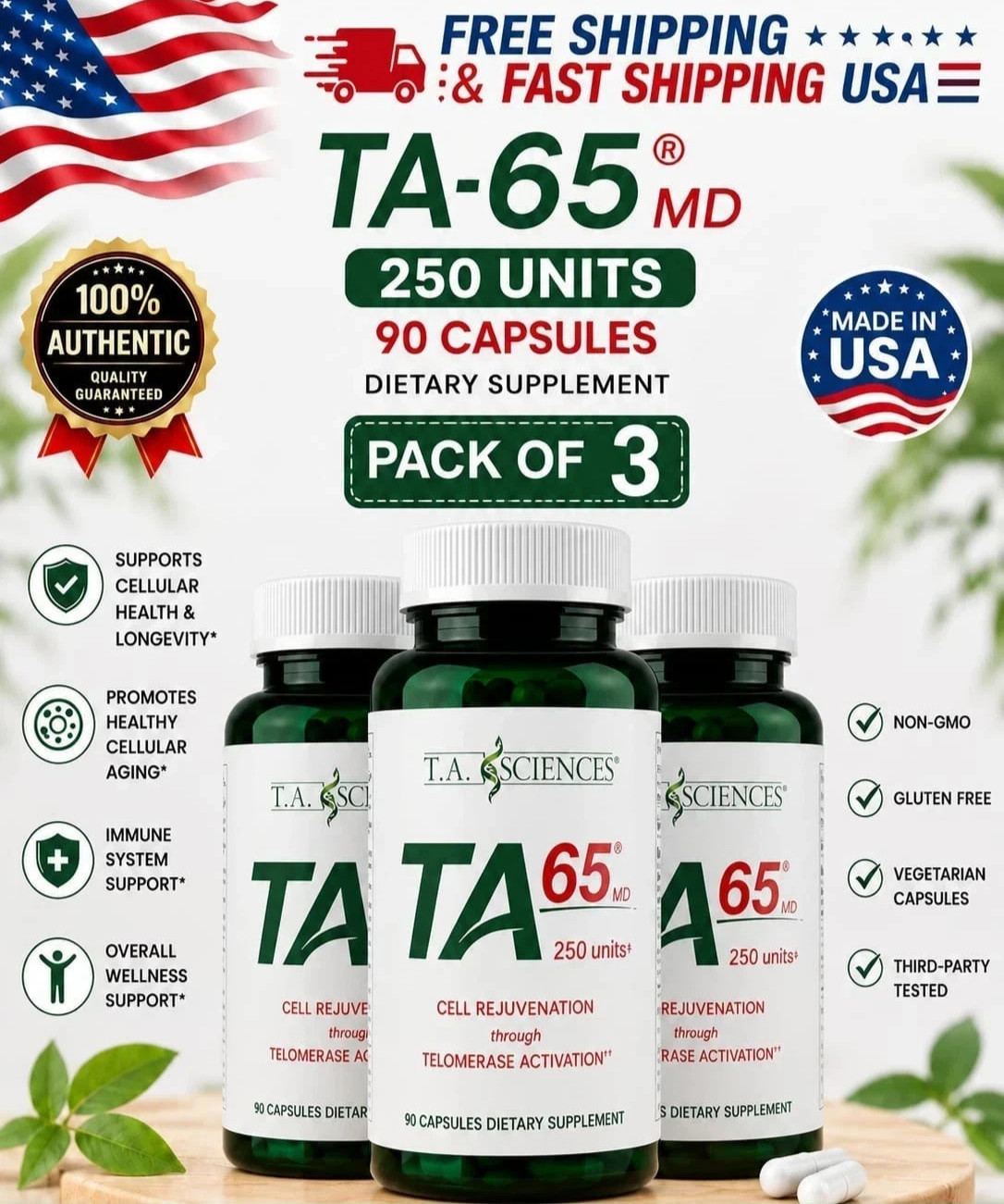 pack of 3 TA65MD, 250units, 90caps, Telomere Lengthen free shipping USA!!!