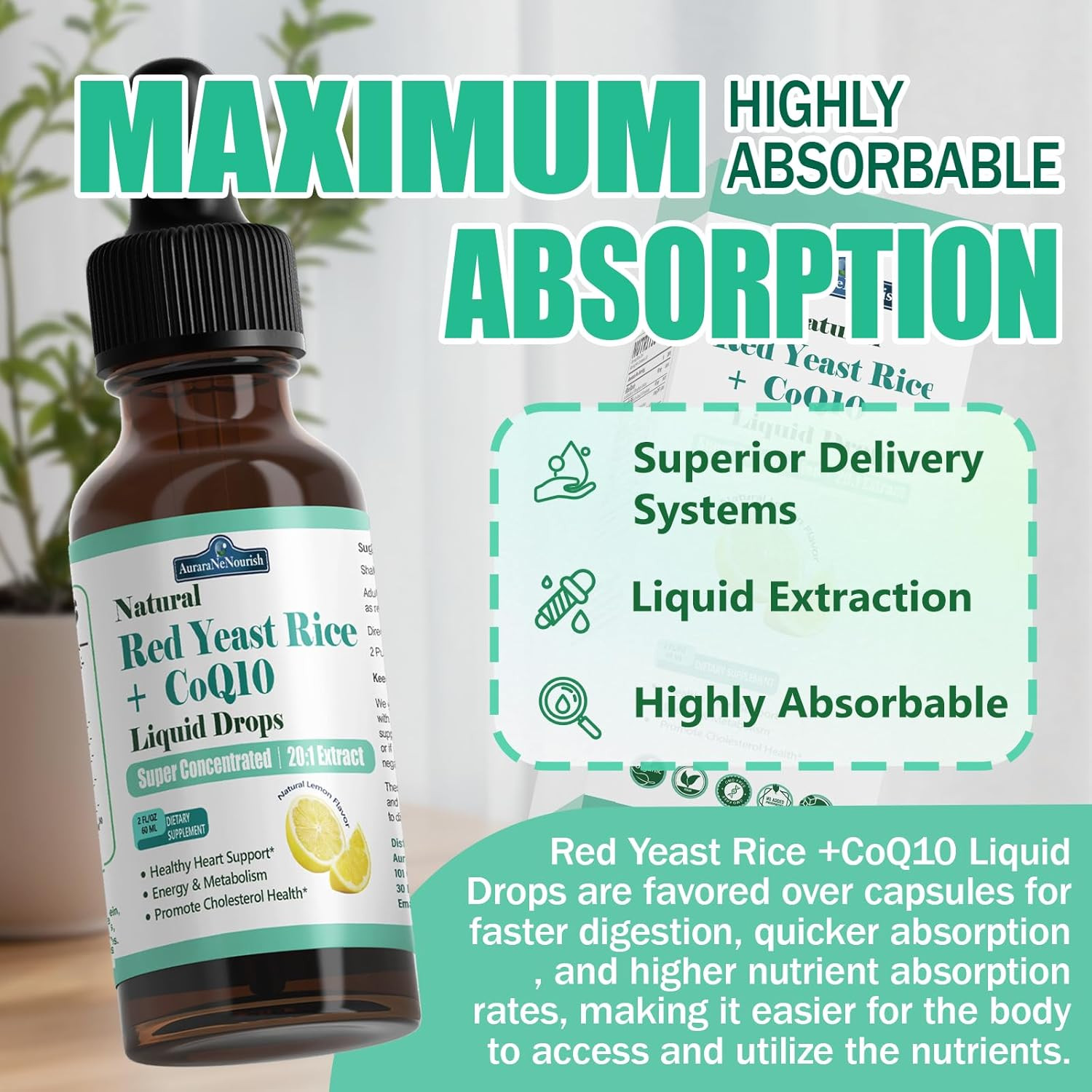 Liposomal Red Yeast Rice with Coq10 Liquid Drops, 5-in-1 Extra Strength 1200mg C