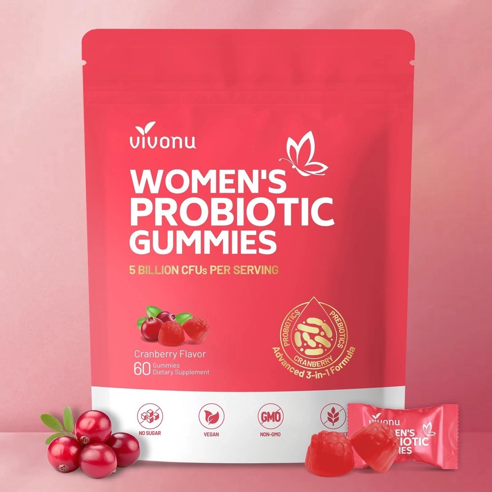 3PCS VivoNu Vaginal Probiotic Gummies Women pH Balance Yeast Flora Cranberry NEW