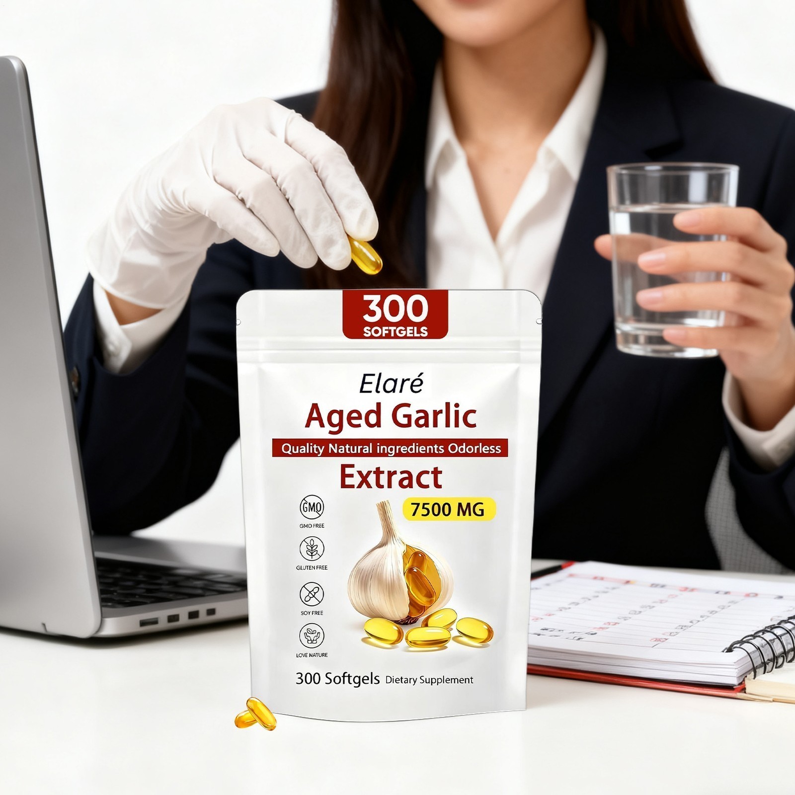 1X Elare Aged Garlic Extract, 300 Softgels, 7500mg Odorless | Heart & Immune