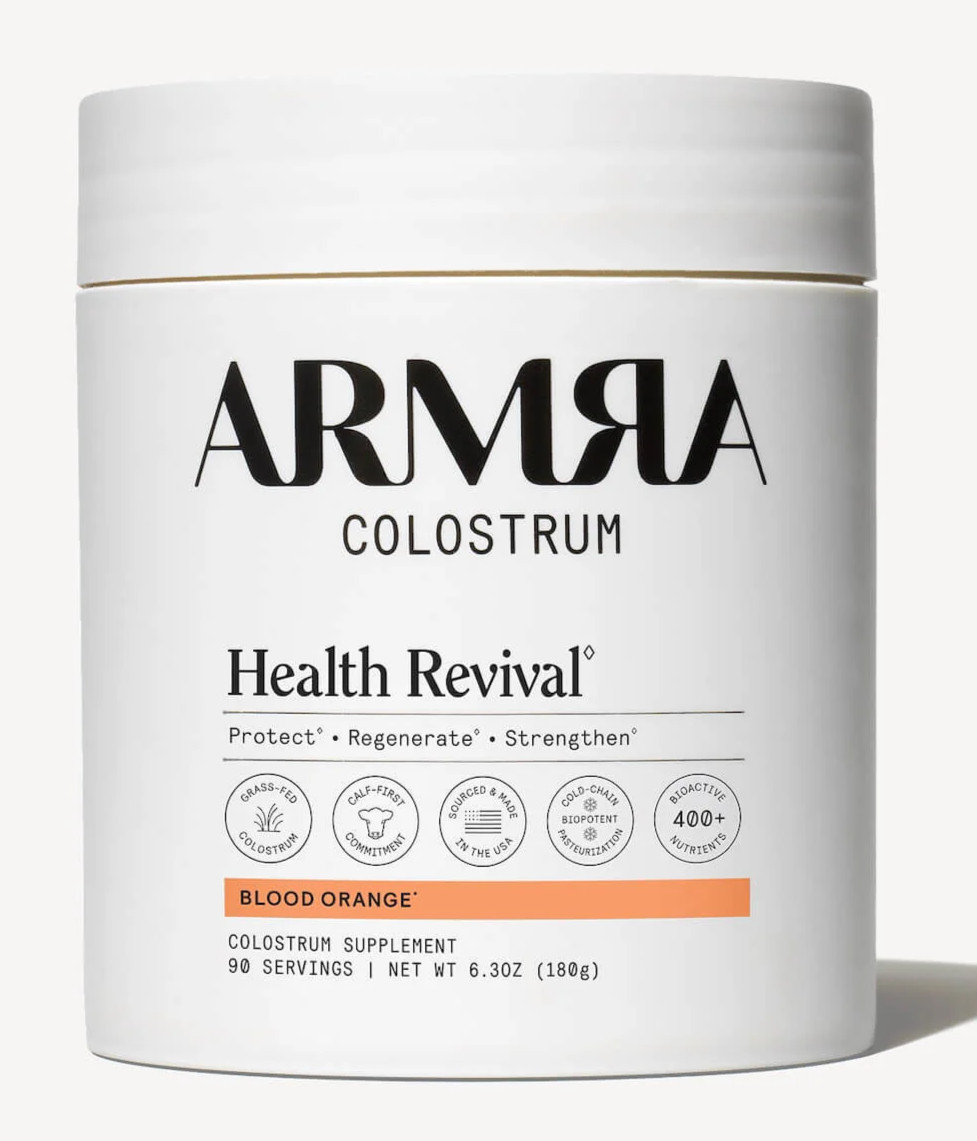 NIB ARMRA Colostrum Immune-Superfood Powder-Blood Orange-Jar-180 g-90 serv-8/26