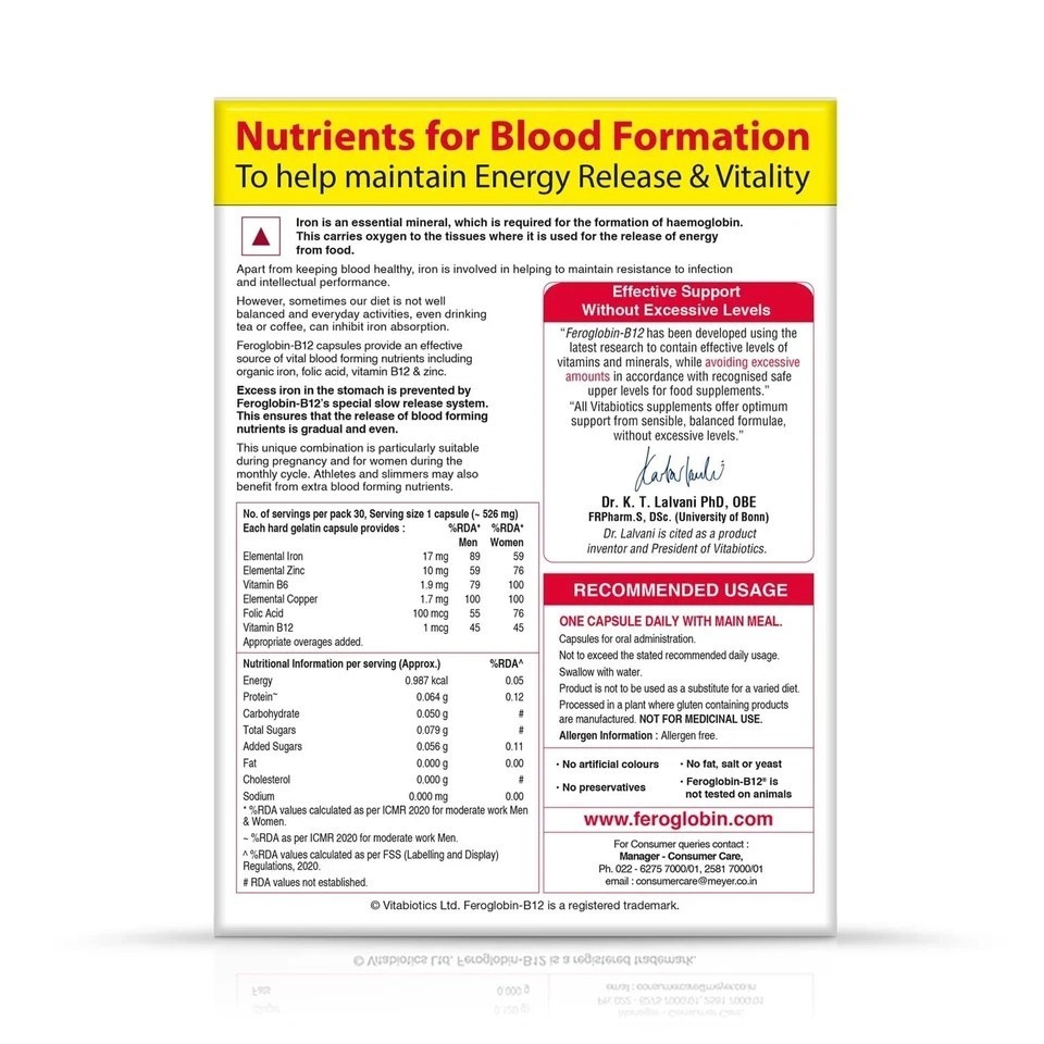 Feroglobin B12 Capsules 30 Iron Folic Acid B6 B12 Zinc Hemoglobin Support B642
