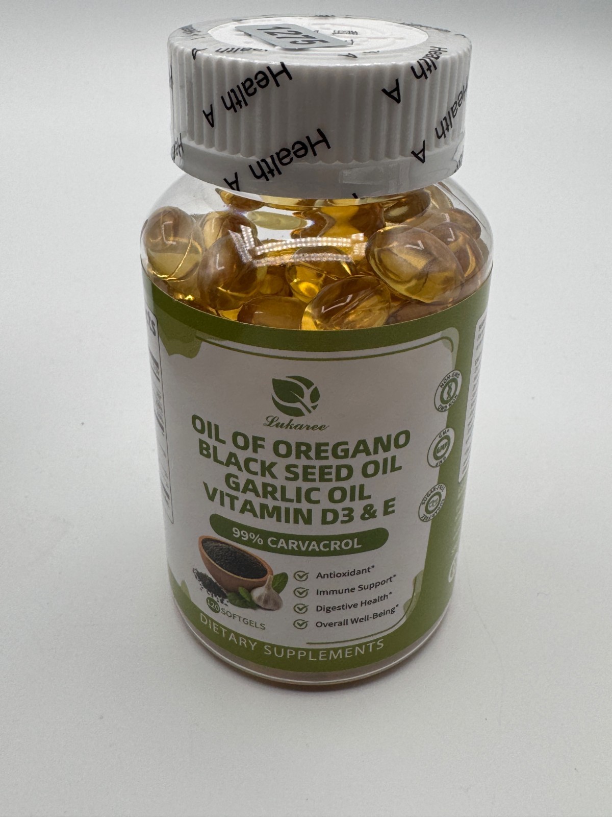 Lukaree Oil of Oregano Black Seed Oil Garlic Vitamin D3 E 120 EXP: 03/28