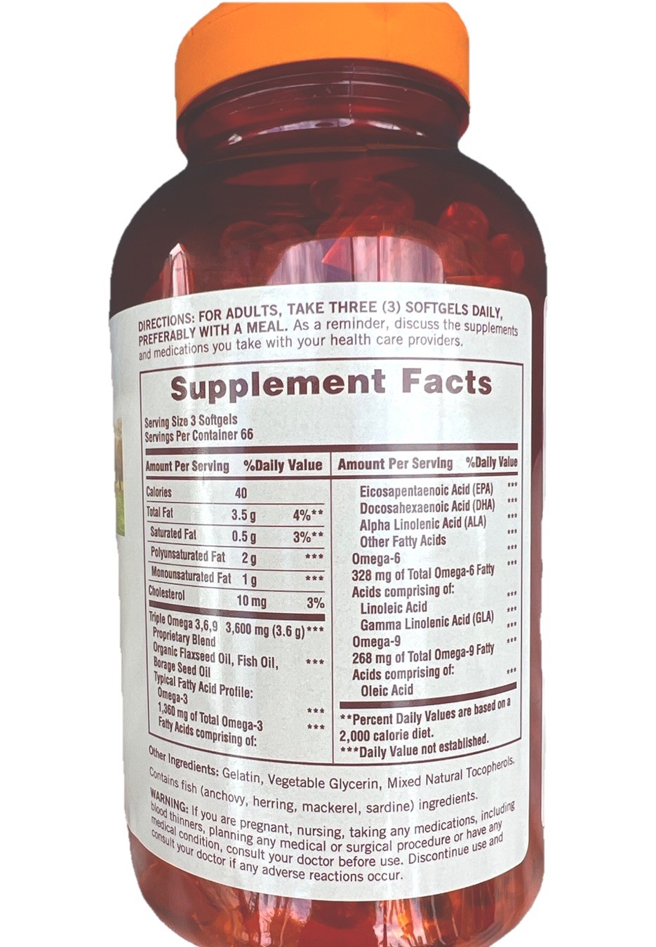 Sundown Triple OMEGA 3-6-9 Soft Gels Flax, Fish Borage Oil, 200 Count, Exp 07/26