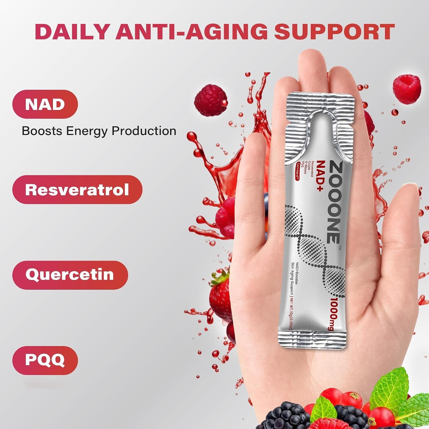 ZOOONE NR1000 NAD+ Drink Mix – Berry Flavor, Energy & Skin Support, 30 Pack
