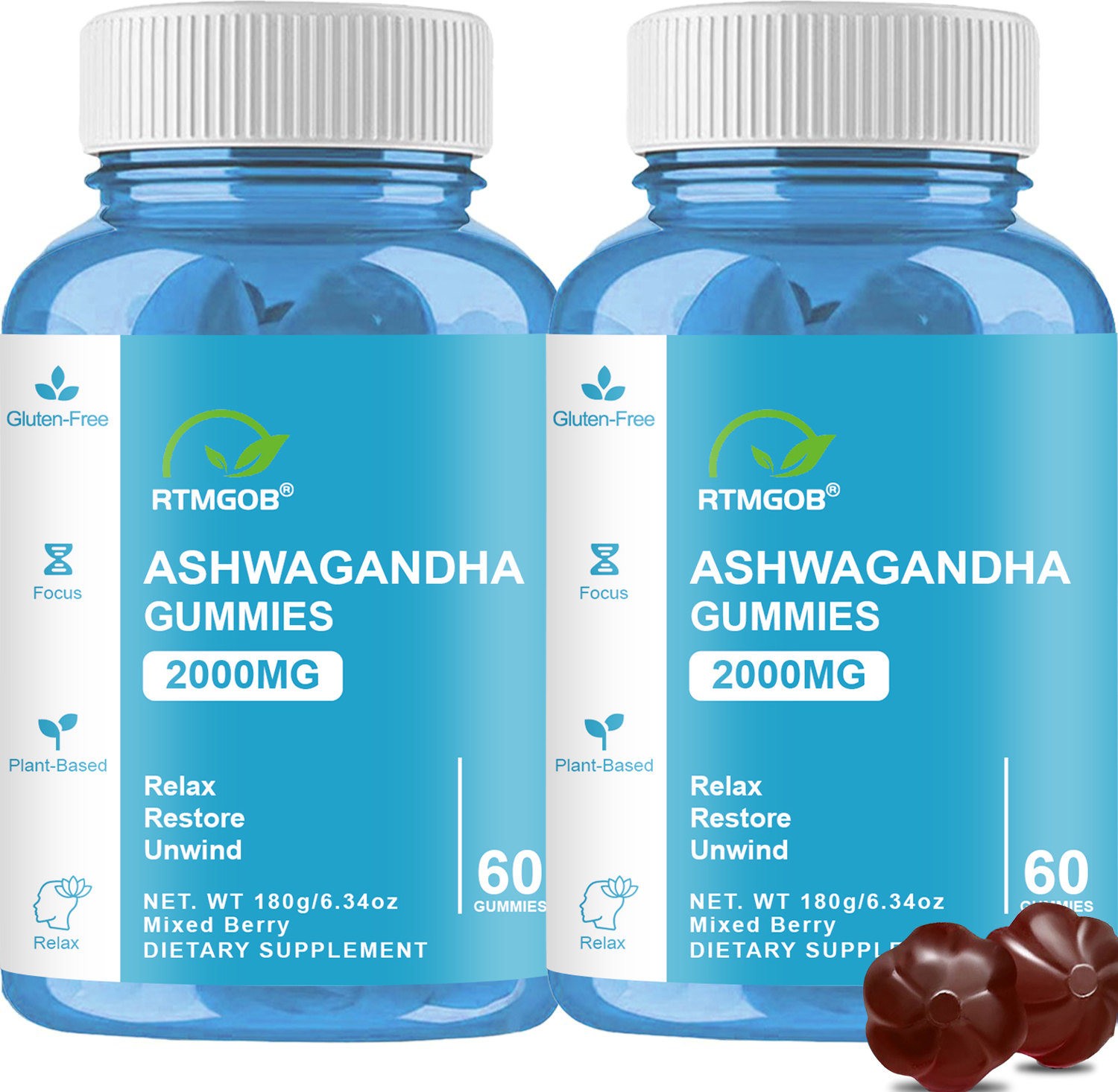 2 PCS! Nutrition Ashwagandha Gummies Mixed Berry 60 Count Gummies-Free Delivery