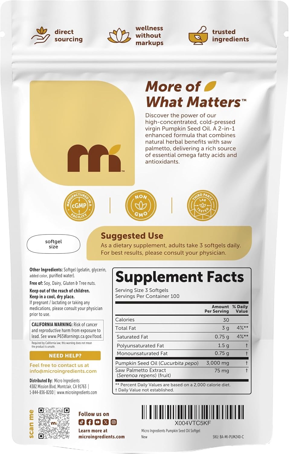 Micro Ingredients Pumpkin Seed Oil with Saw Palmetto,300 Softgels | Cold Pr