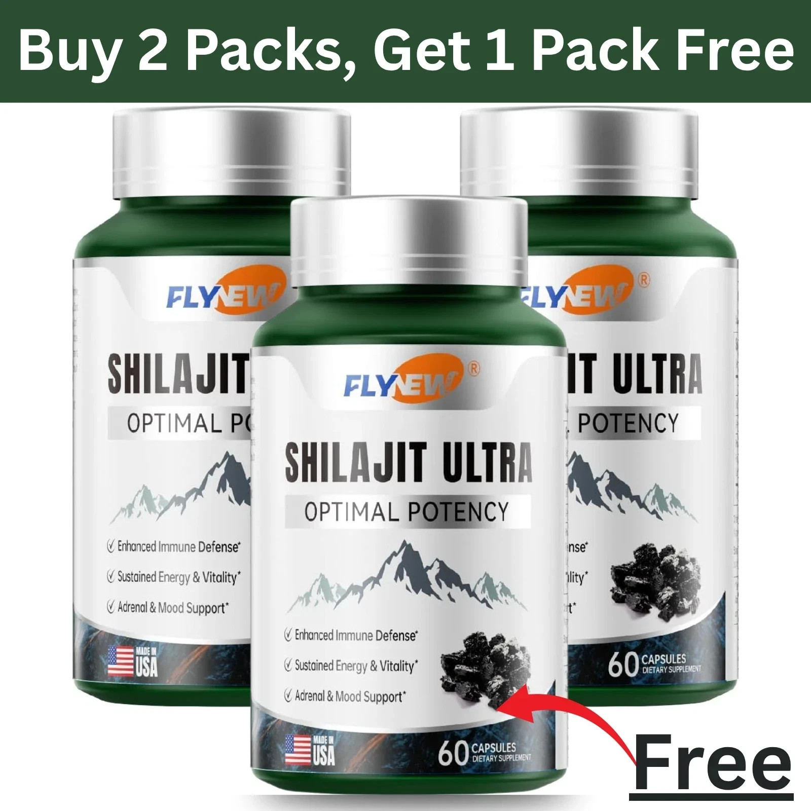 3 Packs Flynew Shilajit Ultra Optimal Potency, Shilajit Extract with L-Arginine