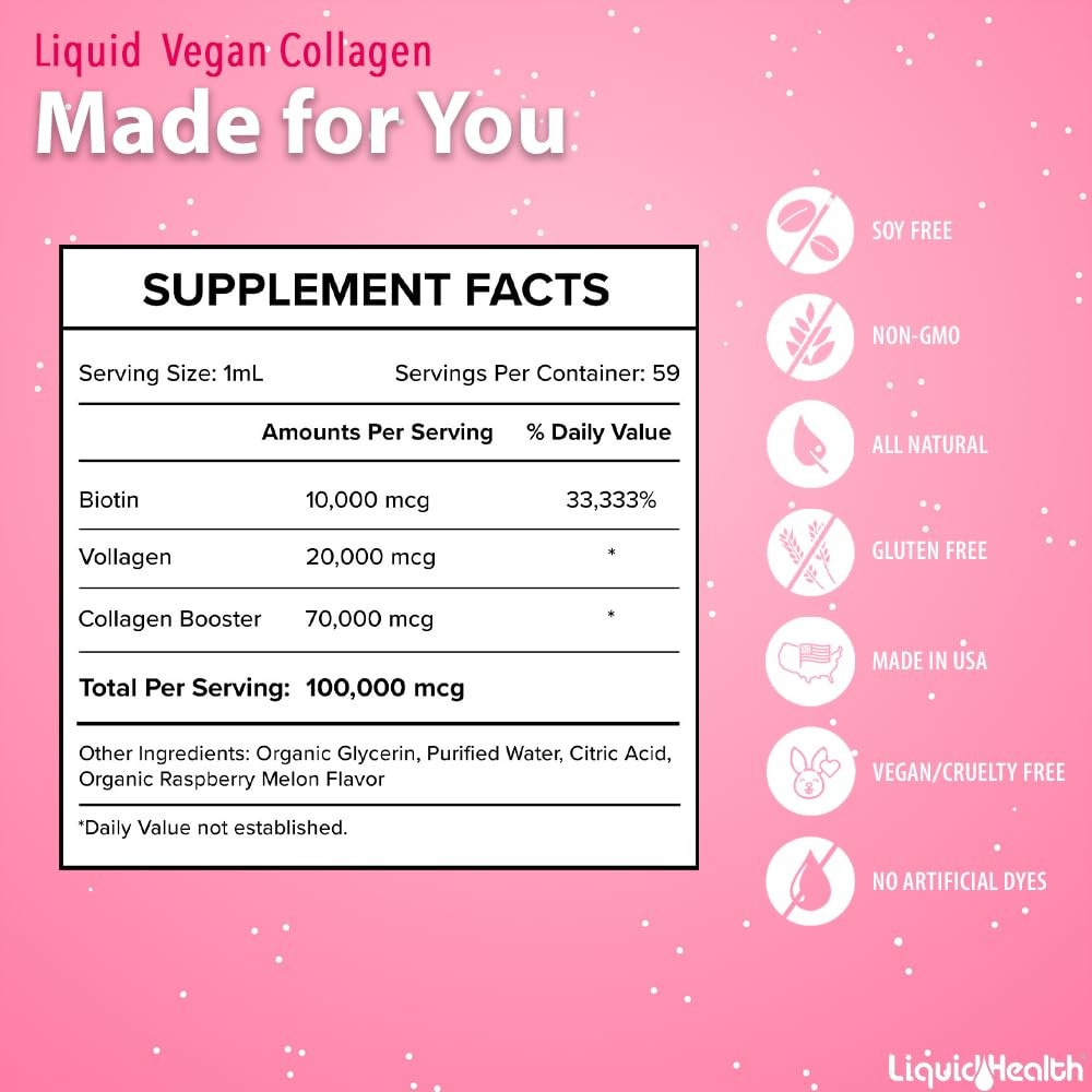 LIQUIDHEALTH 100% Vegan Collagen Plus Biotin 100,000mcg 2 Fl Oz (Pack of 1)