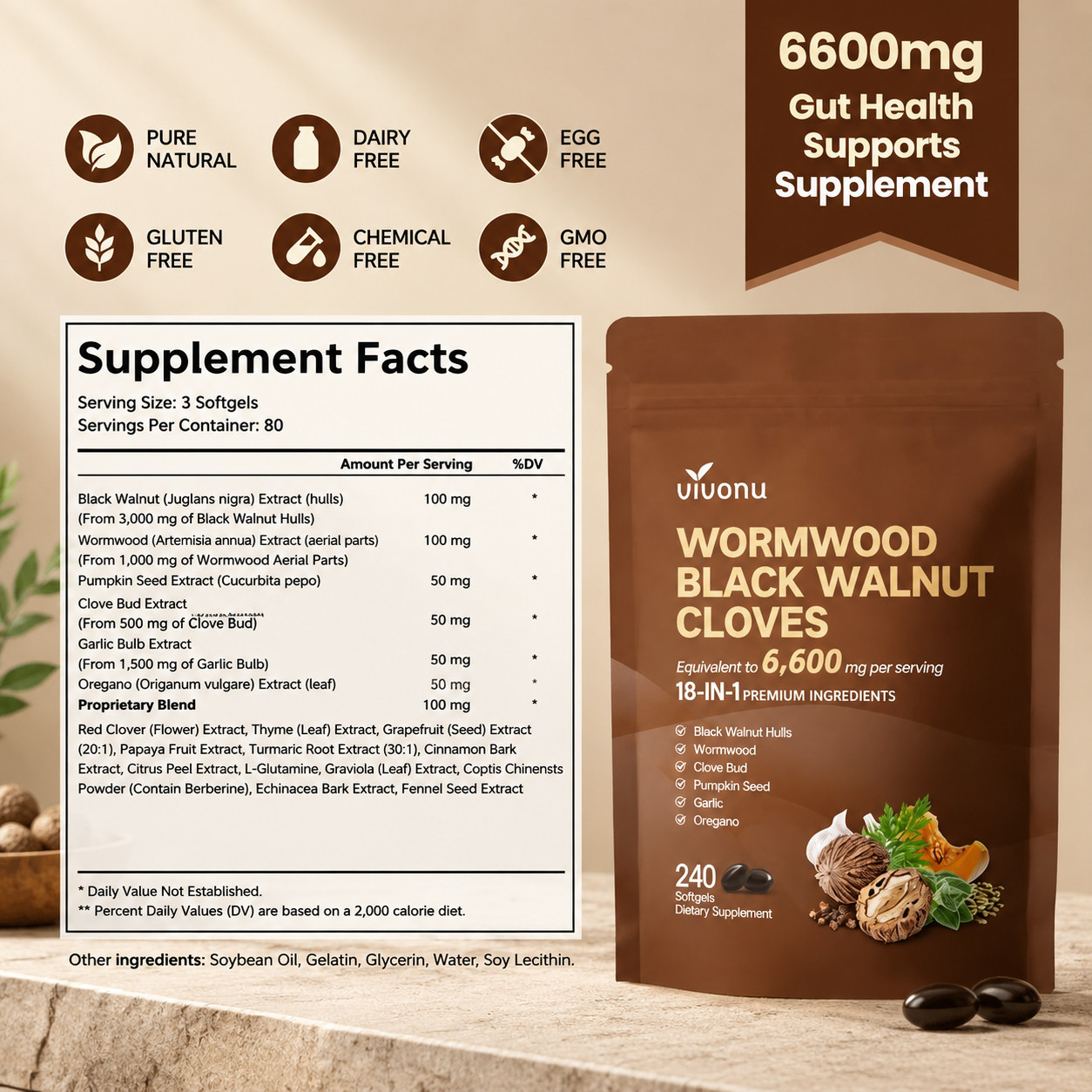 VivoNu Wormwood Black Walnut Cloves – Cleanse & Metabolism Support, 240 Softgels
