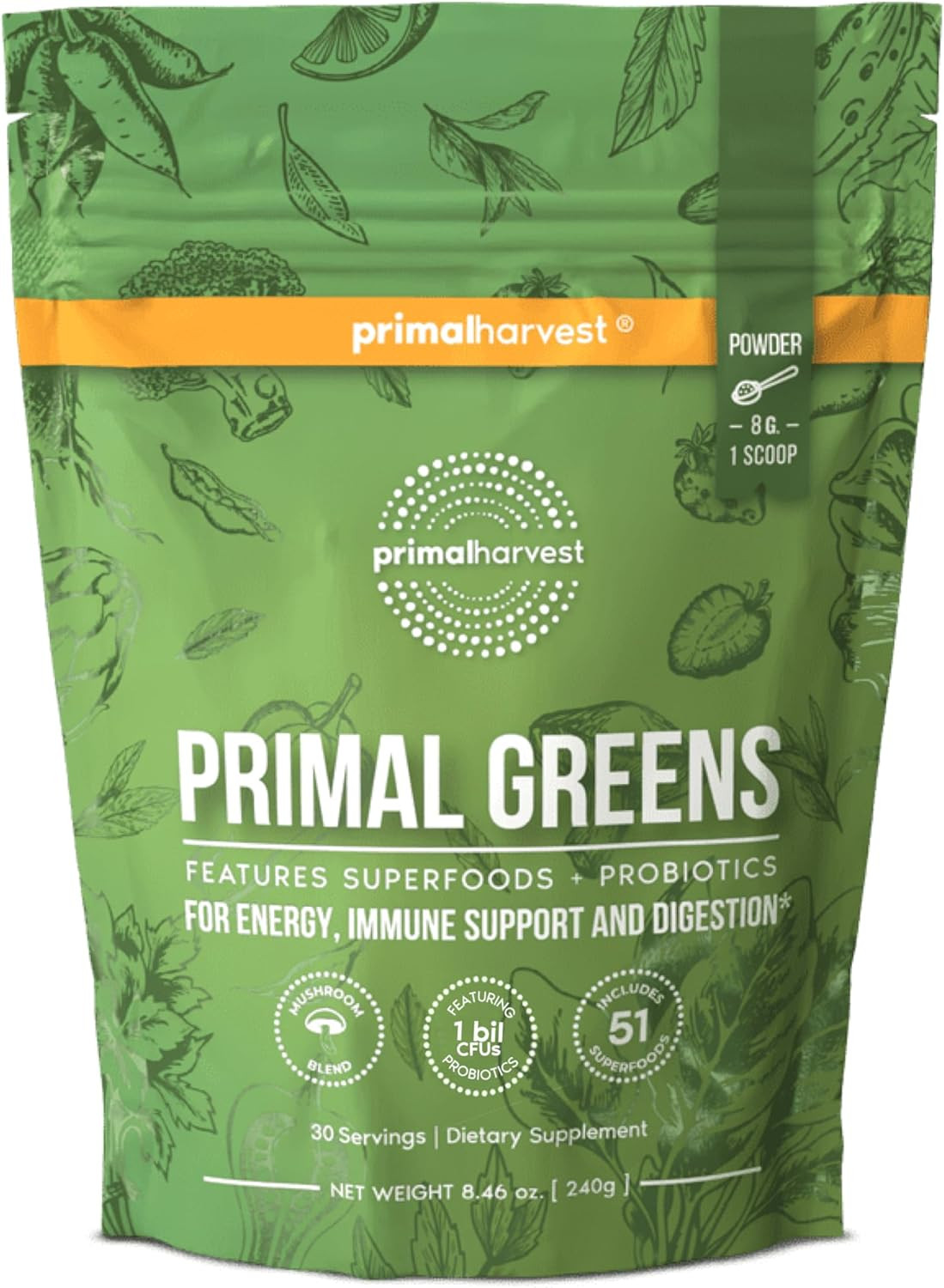 Primal Harvest Super Greens Powder Energy Digestion 30 Servings
