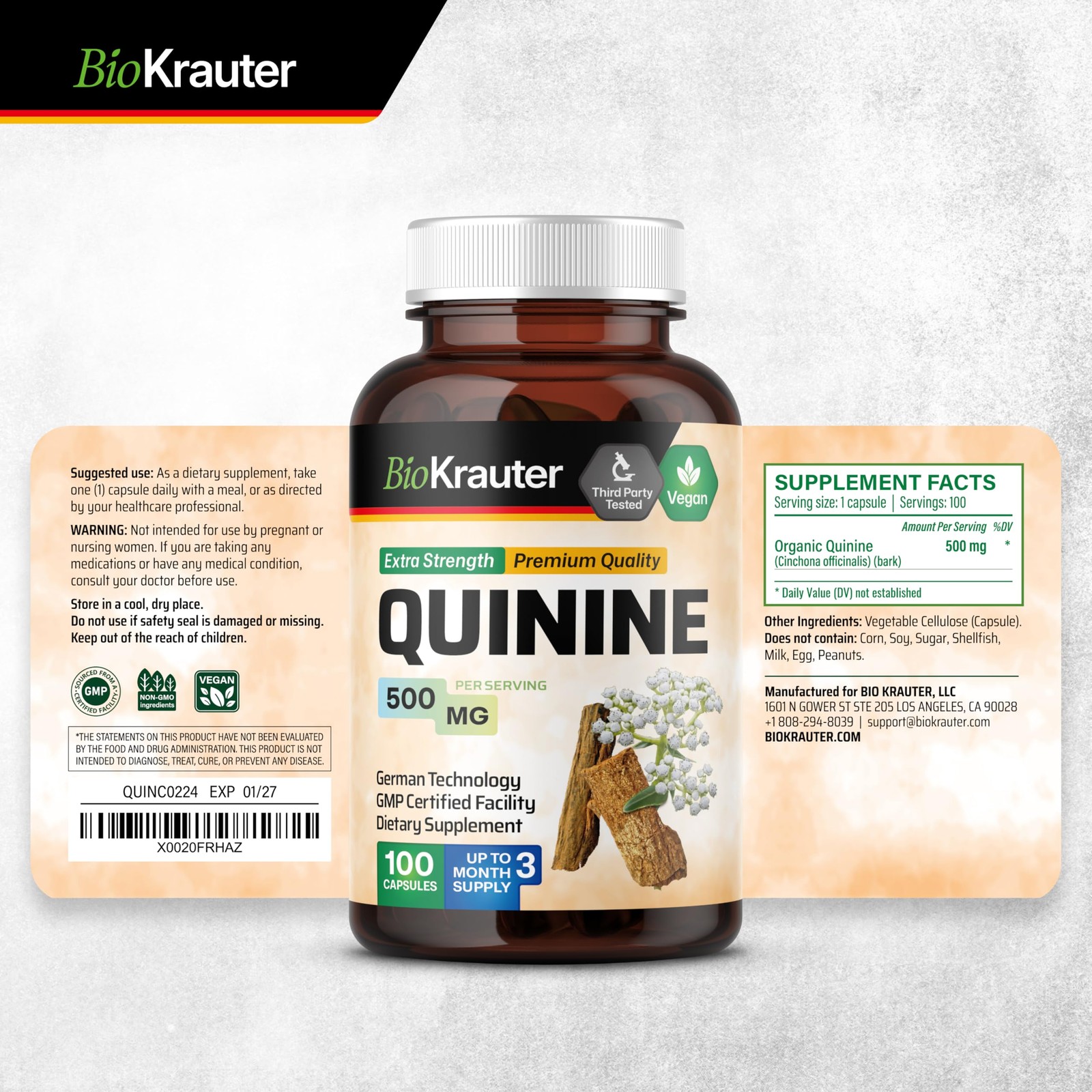 BIO KRAUTER Quinine for Leg Cramps Capsules 500 mg – 100 Count (Pack of 1)