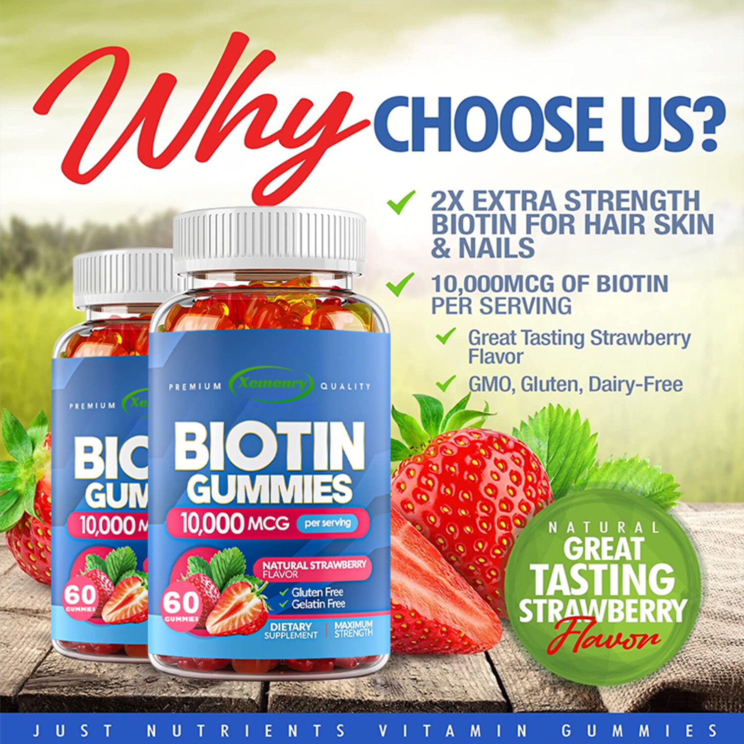 Biotin Gummies 10,000mcg – for Hair, Skin and Nails – 2x Extra Strength Biotin