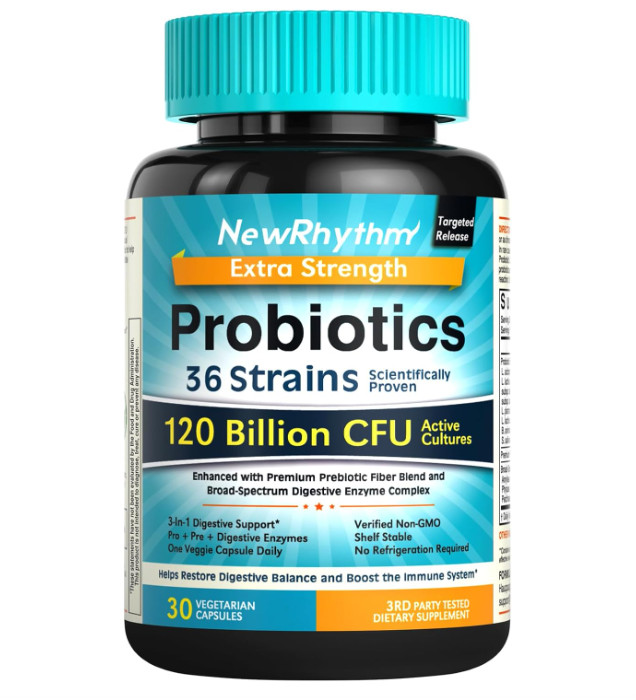 NewRhythm Probiotics 120 Billion CFU, 36 Strains, 3-in-1 Digestive Support,30ct