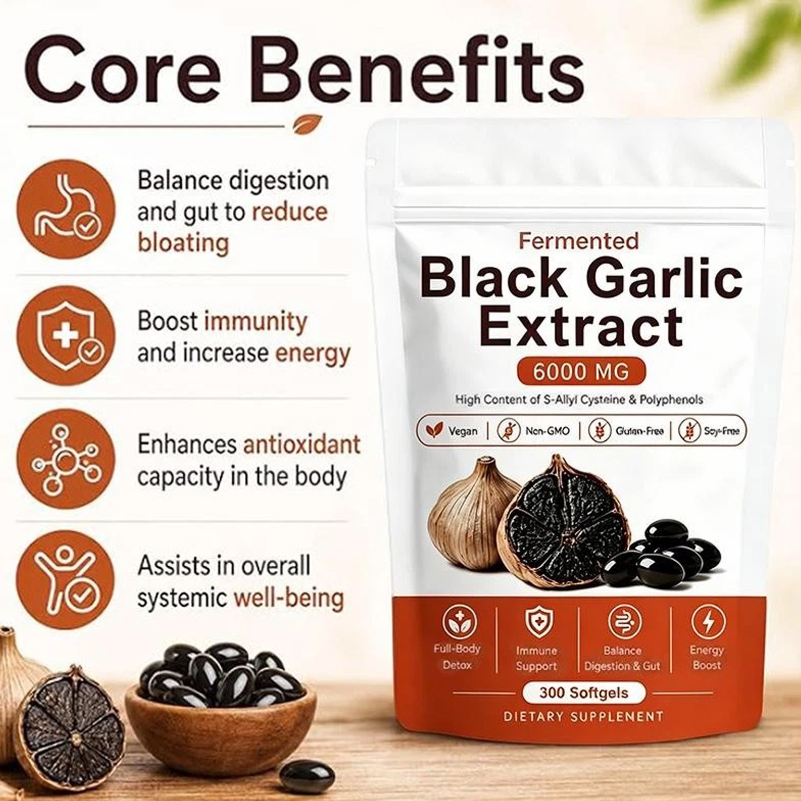 Black Garlic Extract Softgels 300ct, Odorless Vegan Non-GMO Supplement