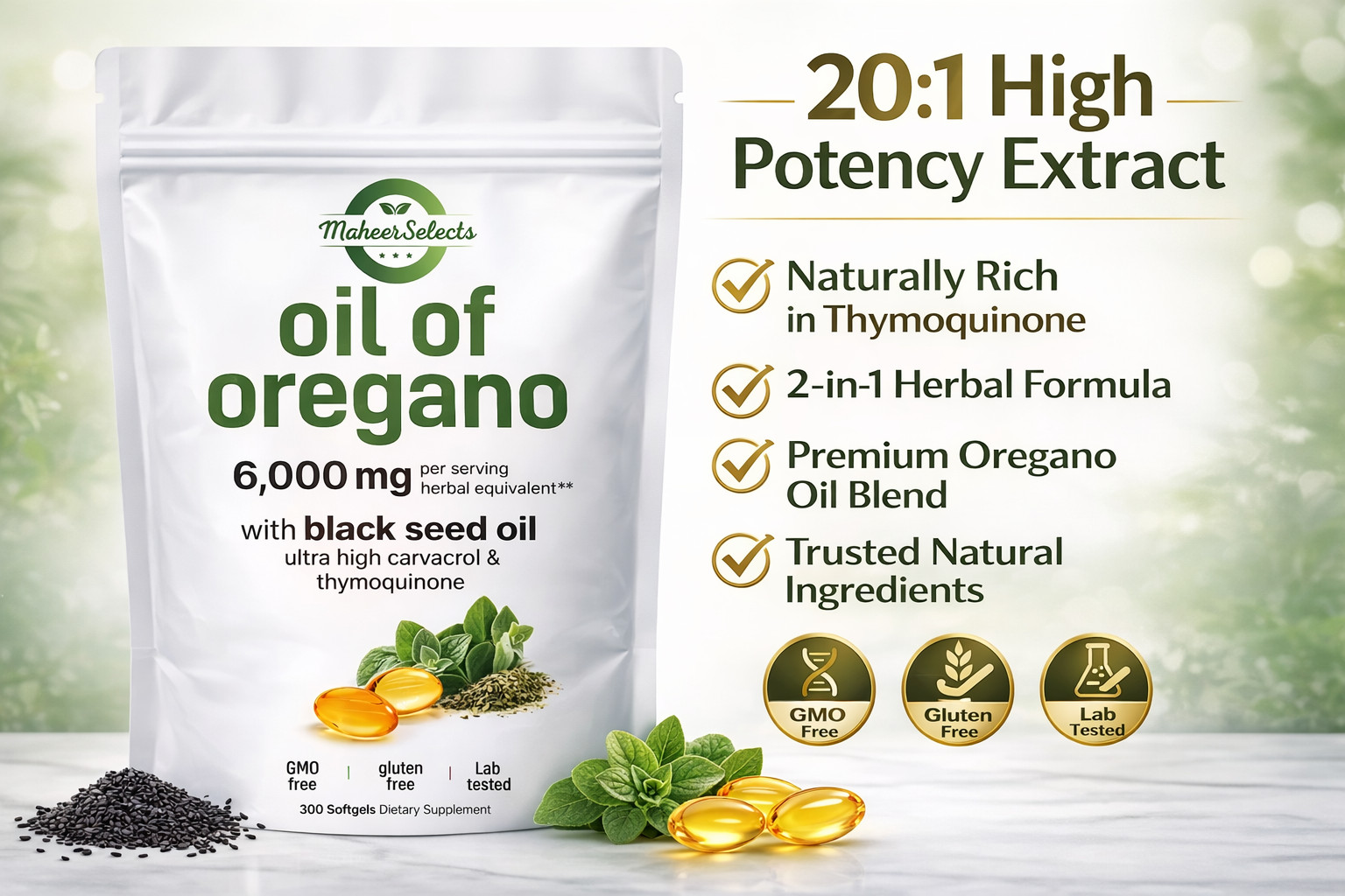 Oil of Oregano Softgels with Black Seed Oil – 6000mg Oregano Oil { Pack of 3 }