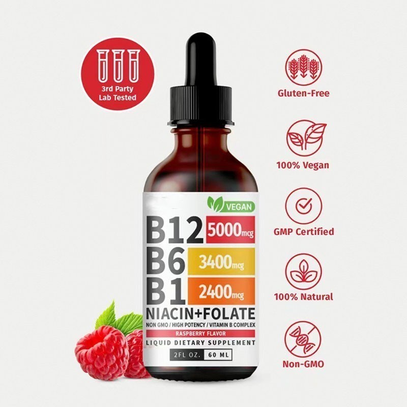 2-Bottles Vitamin B12 and B6 Liquid Drops B12 Complex – B1 Sublingual Vitamin B