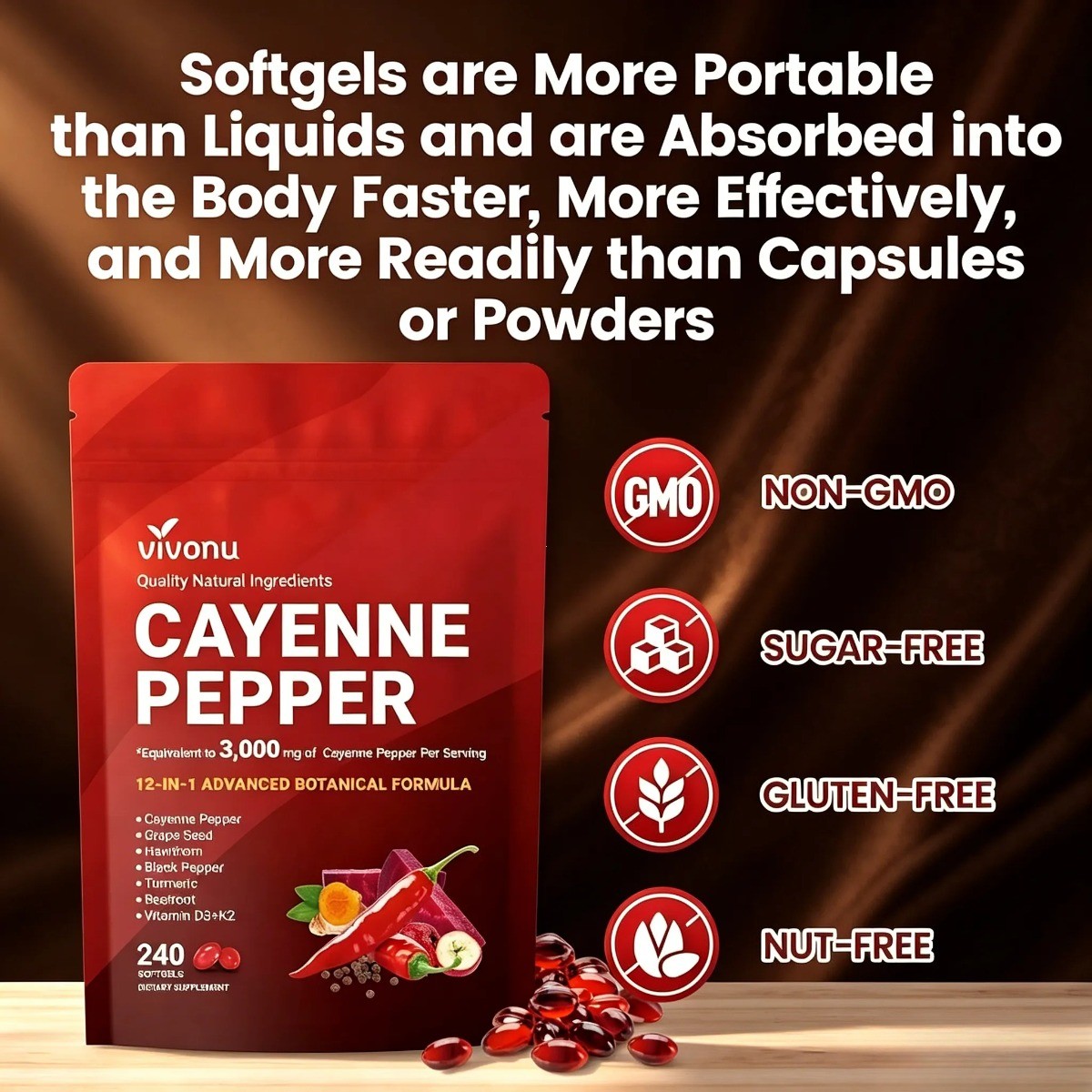 VivoNu Cayenne Pepper Softgels – 240 Capsules for Circulation & Heart Health