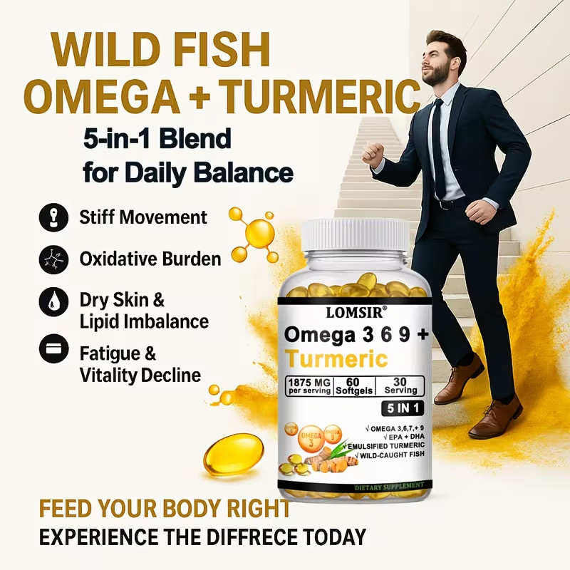 Triple Omega 3 6 9 Supplement Plus Turmeric Curcumin – 60 Softgels