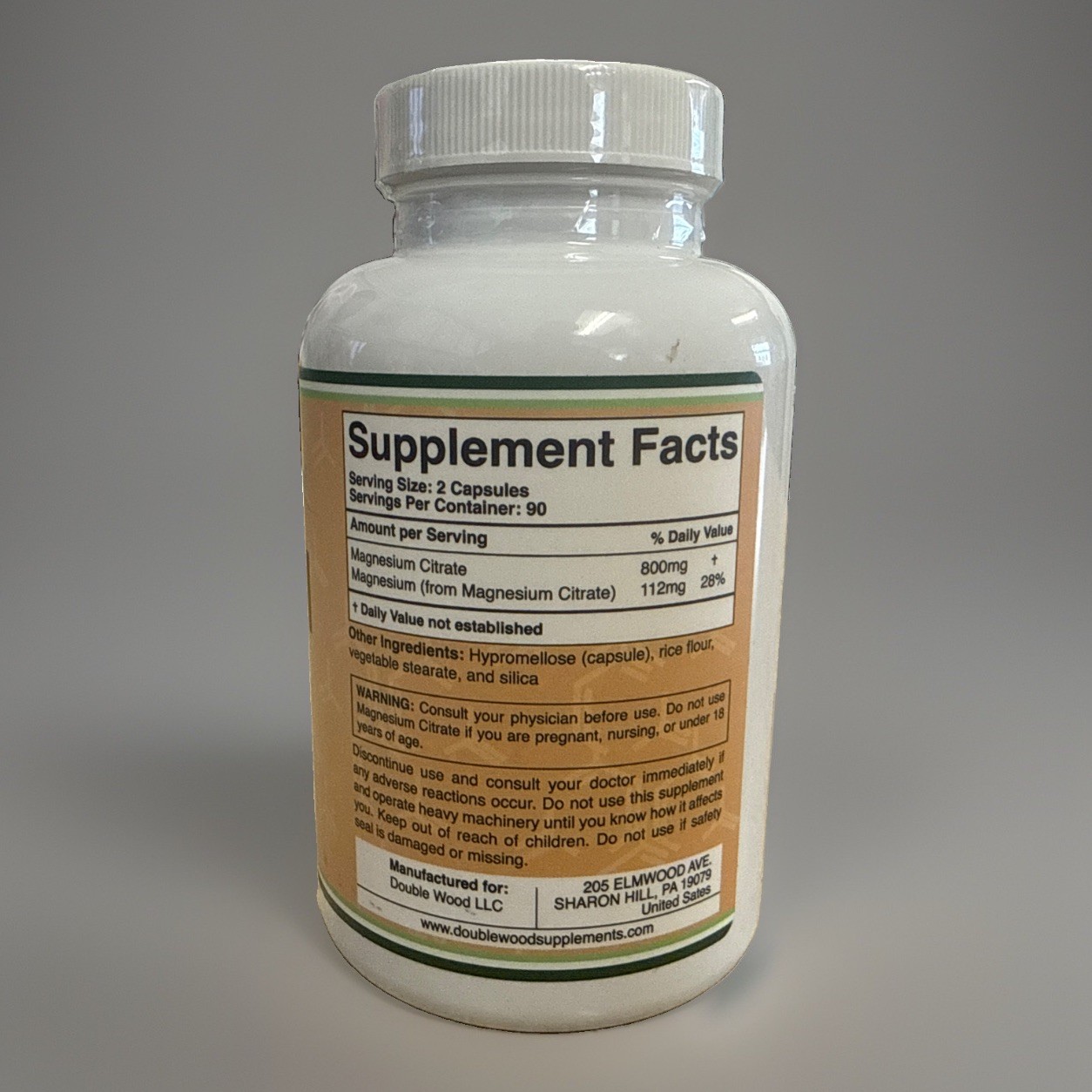 Double Wood Supplements Magnesium Citrate 800mg, 180 Capsules