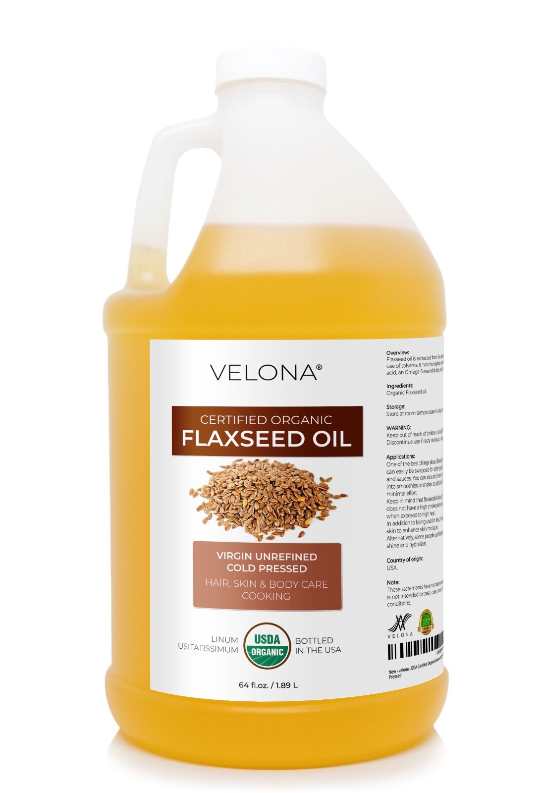 Velona USDA Certified Organic Flaxseed Oil 2 oz – 7 lb | 100% Pure and Natural C