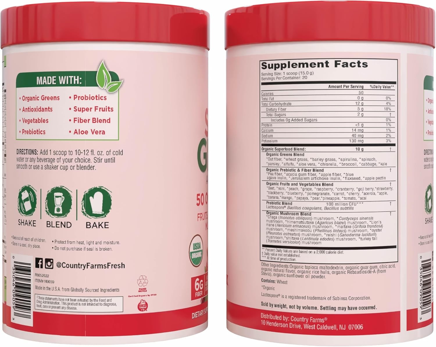Country Farms Super Greens Organic Drink Mix 50 Superfoods 10.6 Ounce
