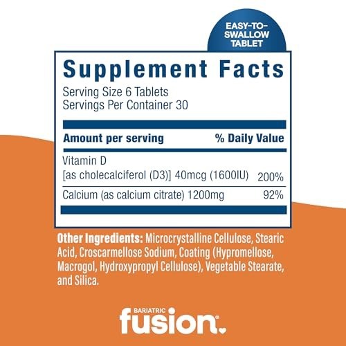 Bariatric Fusion Calcium Citrate + D3 Tablets, 180 Count – Easy to Swallow