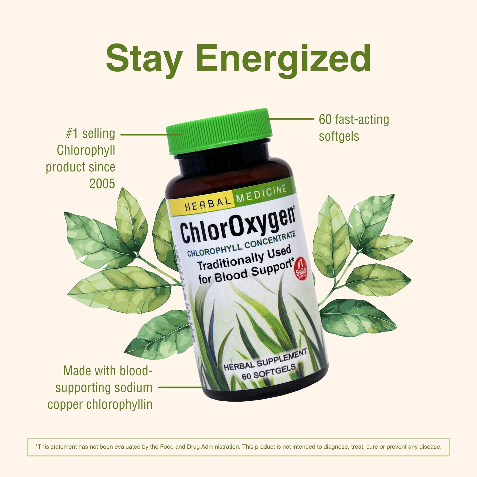 Herbs Etc. ChlorOxygen, Chlorophyll Concentrate Dietary Supplement, 60 Softge…