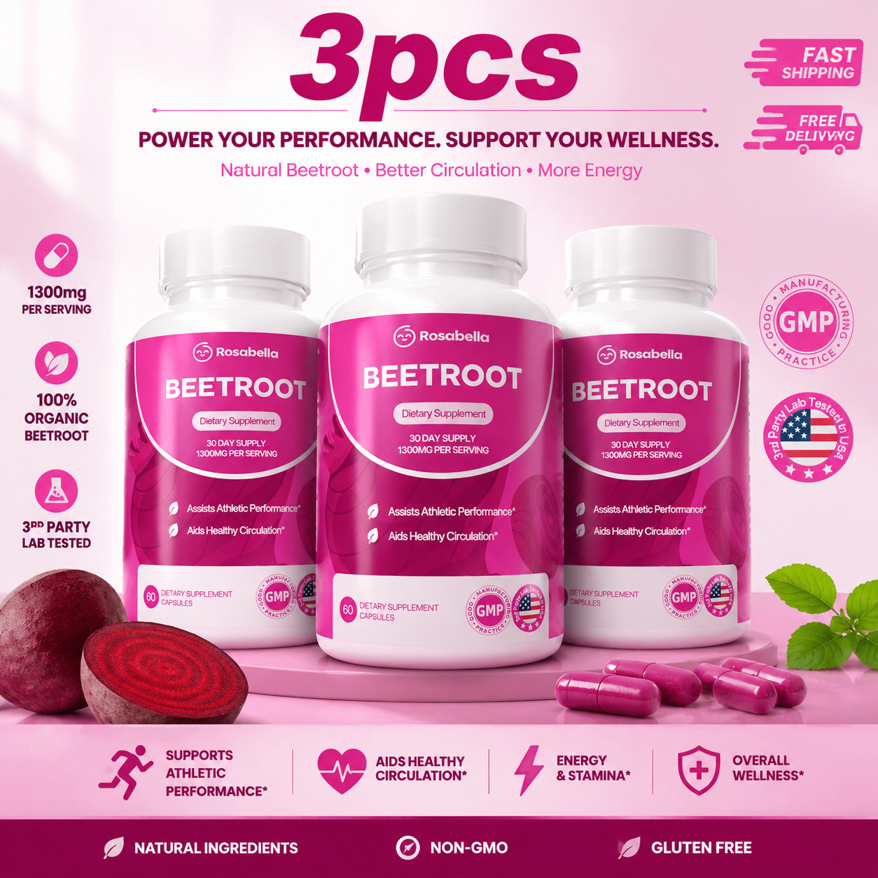 3 Pack of Rosabella Organic Beetroot Capsules (1300mg) for Blood Flow & Heart He