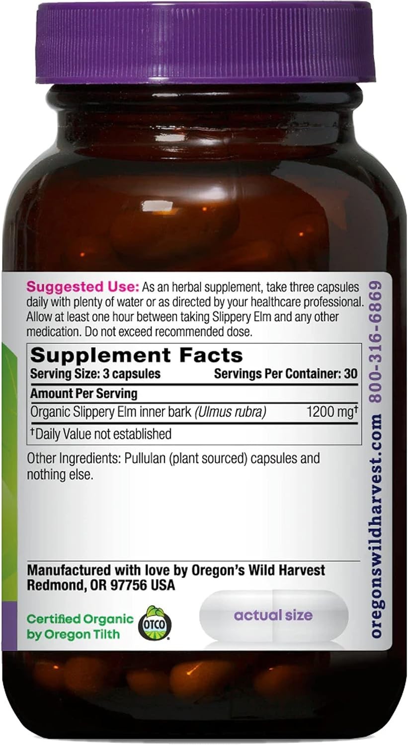90 Organic Slippery Elm Capsules – Sustainably Harvested Digestive Aid