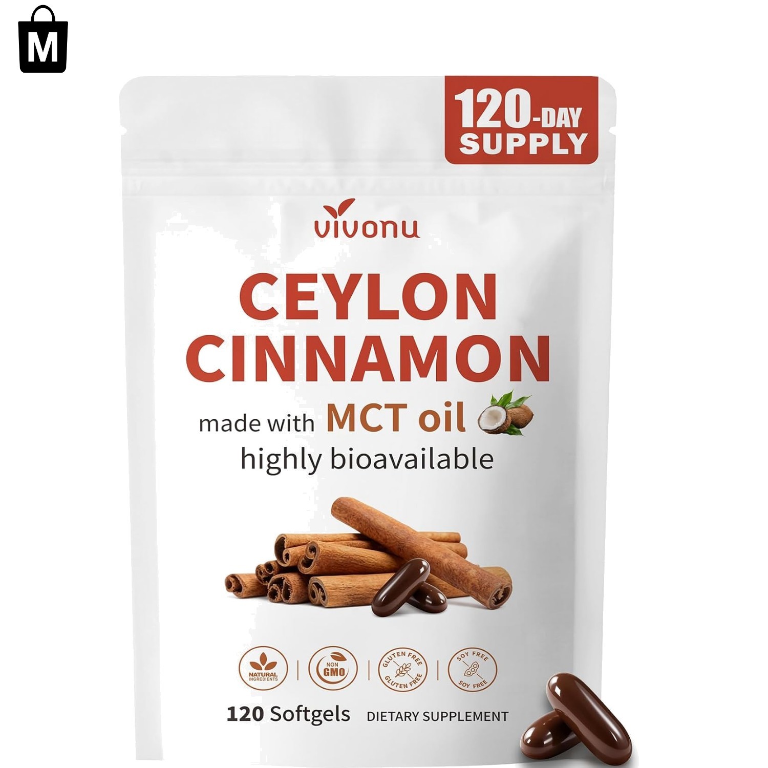 High Potency Organic Ceylon Cinnamon Softgels with MCT Oil, 120-Count Supply