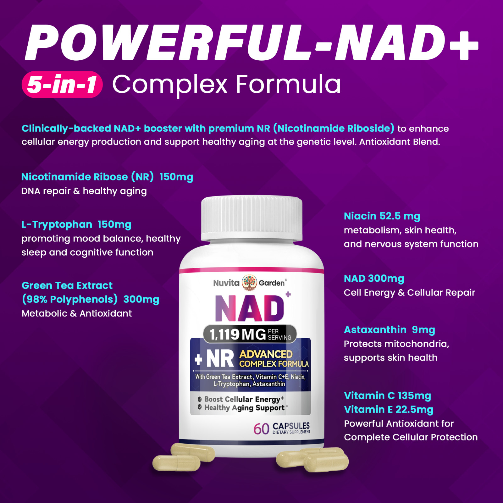 2 Pack NAD Supplement 1,119 mg Extra Strength Liposomal, Green Tea + Astaxanthin
