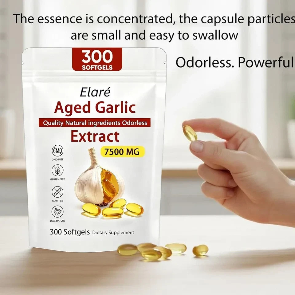 Elare Aged Garlic Extract, 300 Softgels, 7500mg Odorless | Heart & Immune pack 1