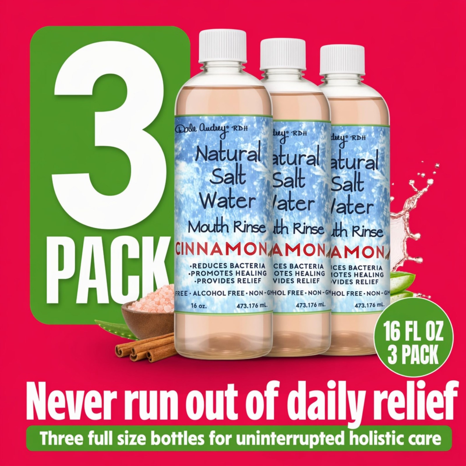 Dale Audrey Himalayan Salt Water Rinse, Cinnamon Mouthwash, 16 oz, 3 Pack