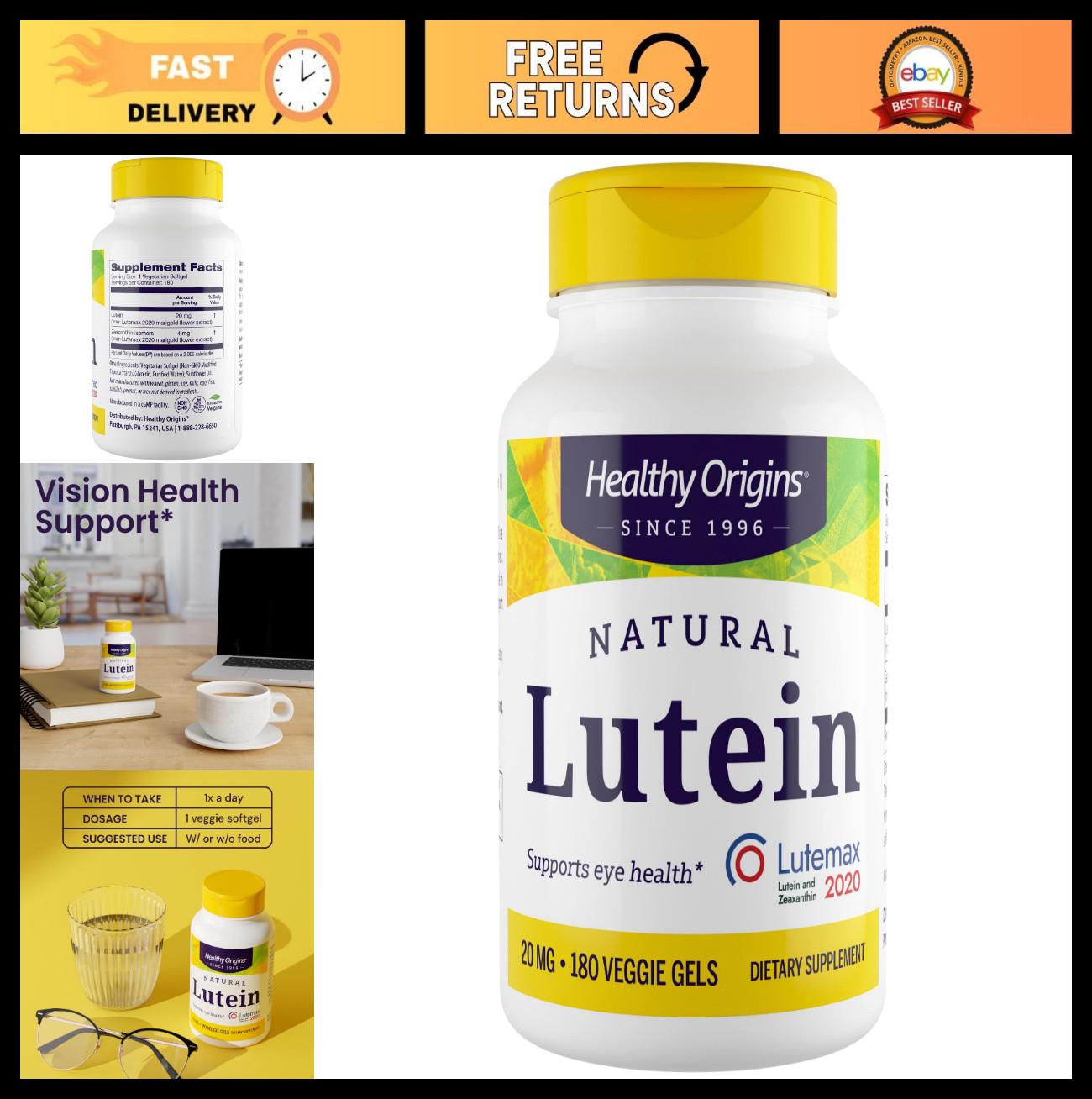 Lutein 20mg & Zeaxanthin 180 Gels – Eye Health Supplement, Vision Support, Antio