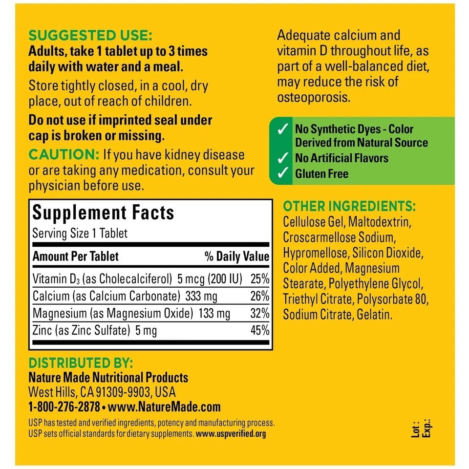 Nature Made Calcium Magnesium Zinc with Vitamin D3 300 Tablets Bone Health