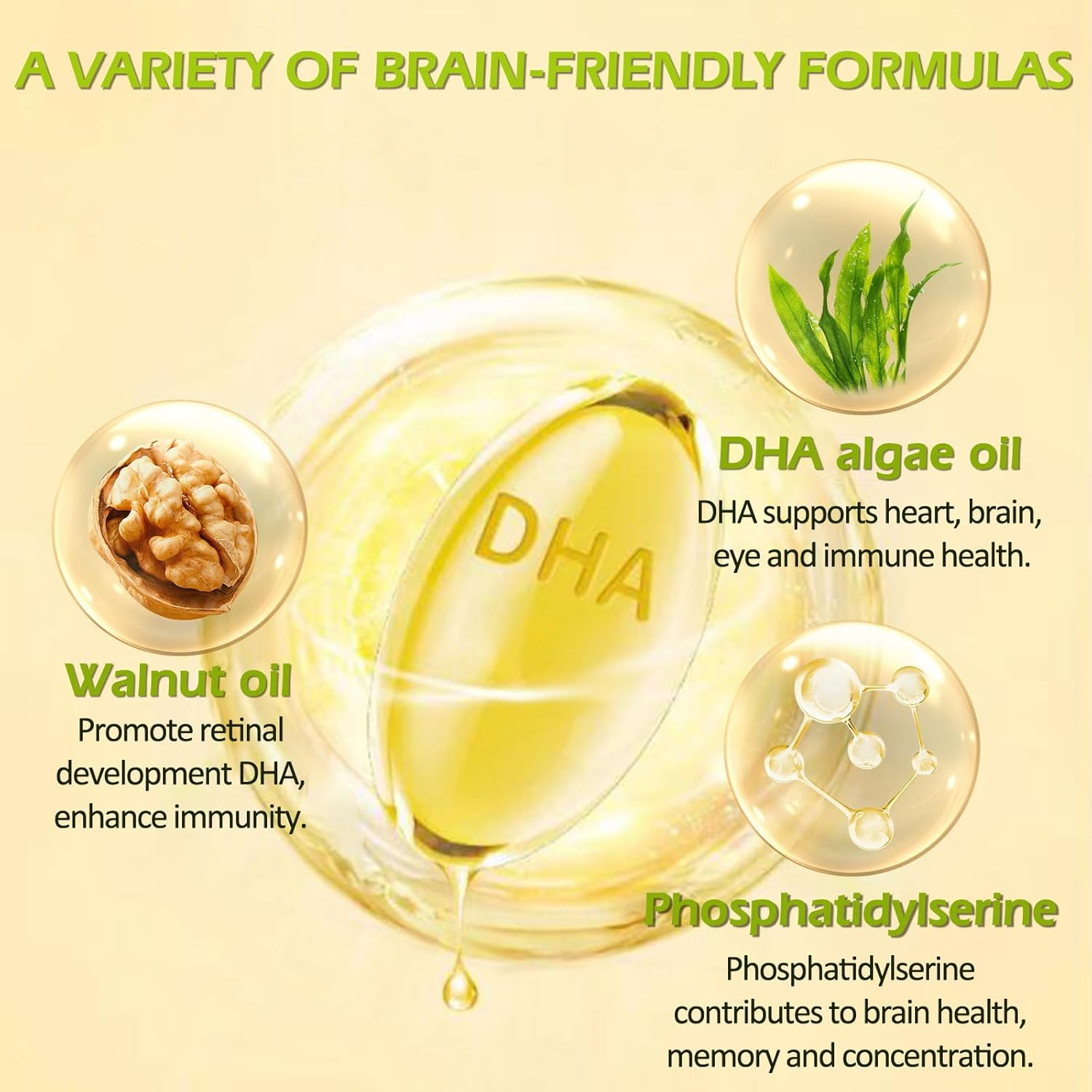 Algae DHA – 600 Mg Omega-3 DHA Softgels, with Phosphatidylserine & Walnut Oil, S