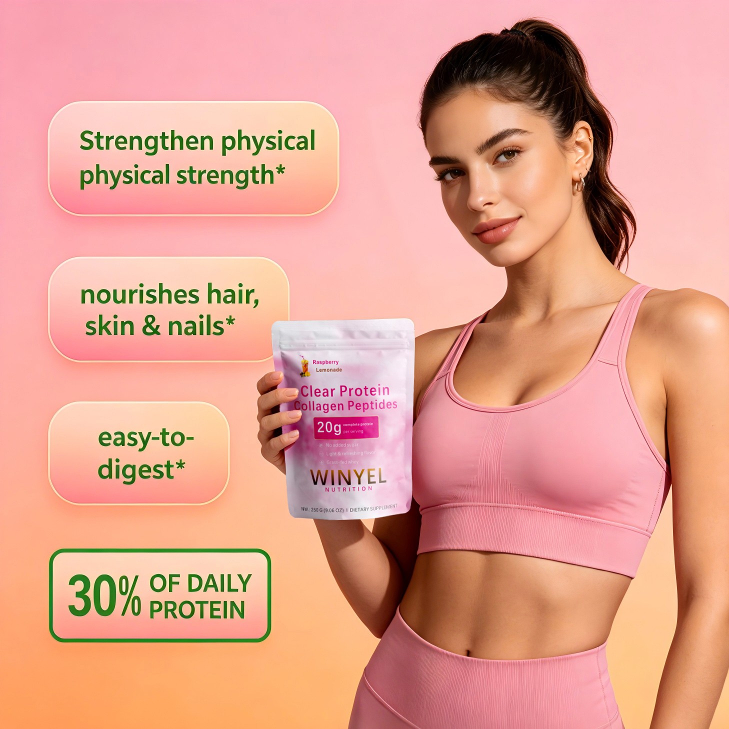 WINYEL Clear Whey Protein Collagen Peptides 20g Raspberry Lemonade 250g
