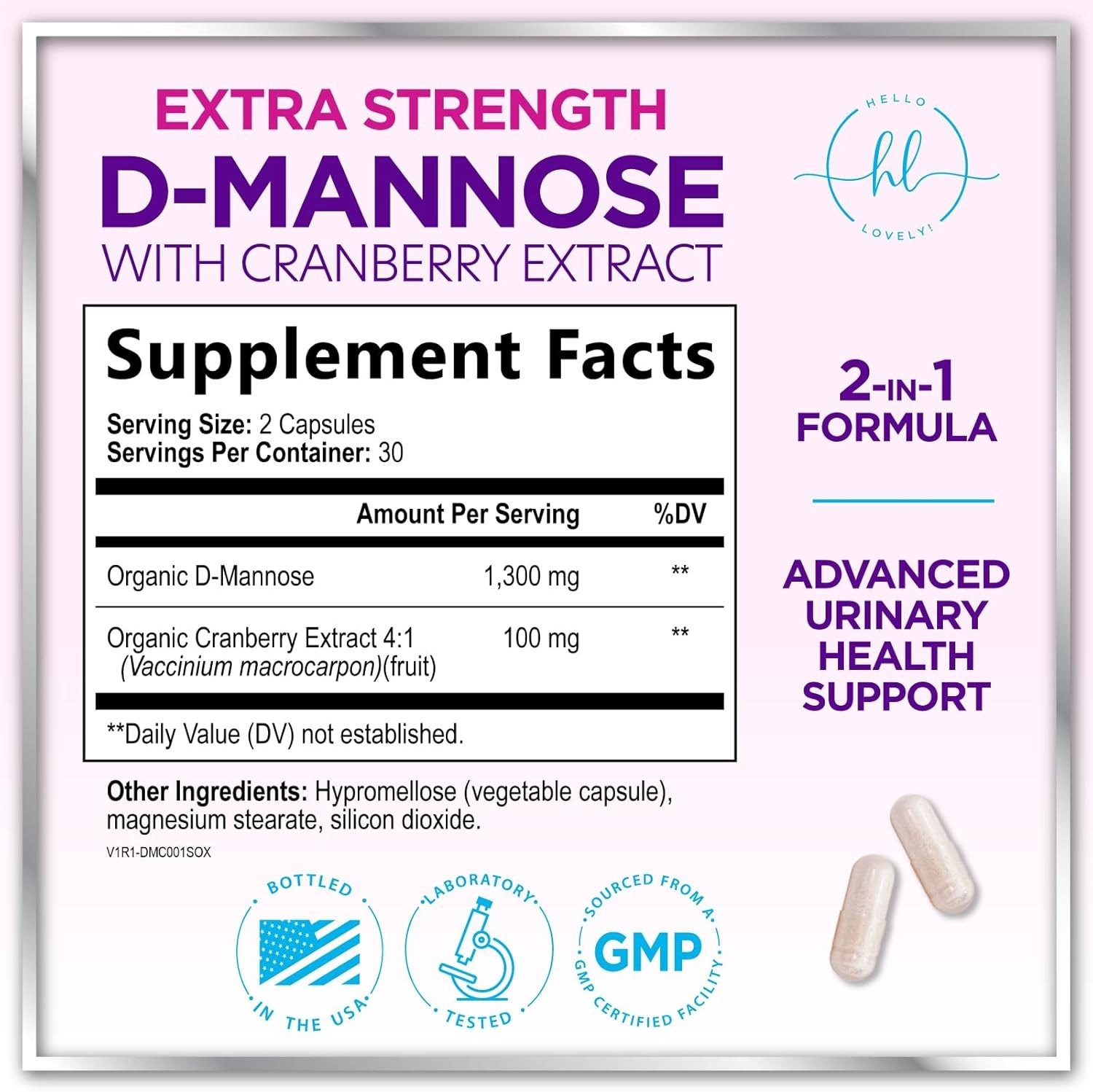 Organic D Mannose 1300mg Supplements – Natural D-Mannose Capsules with Cranberry