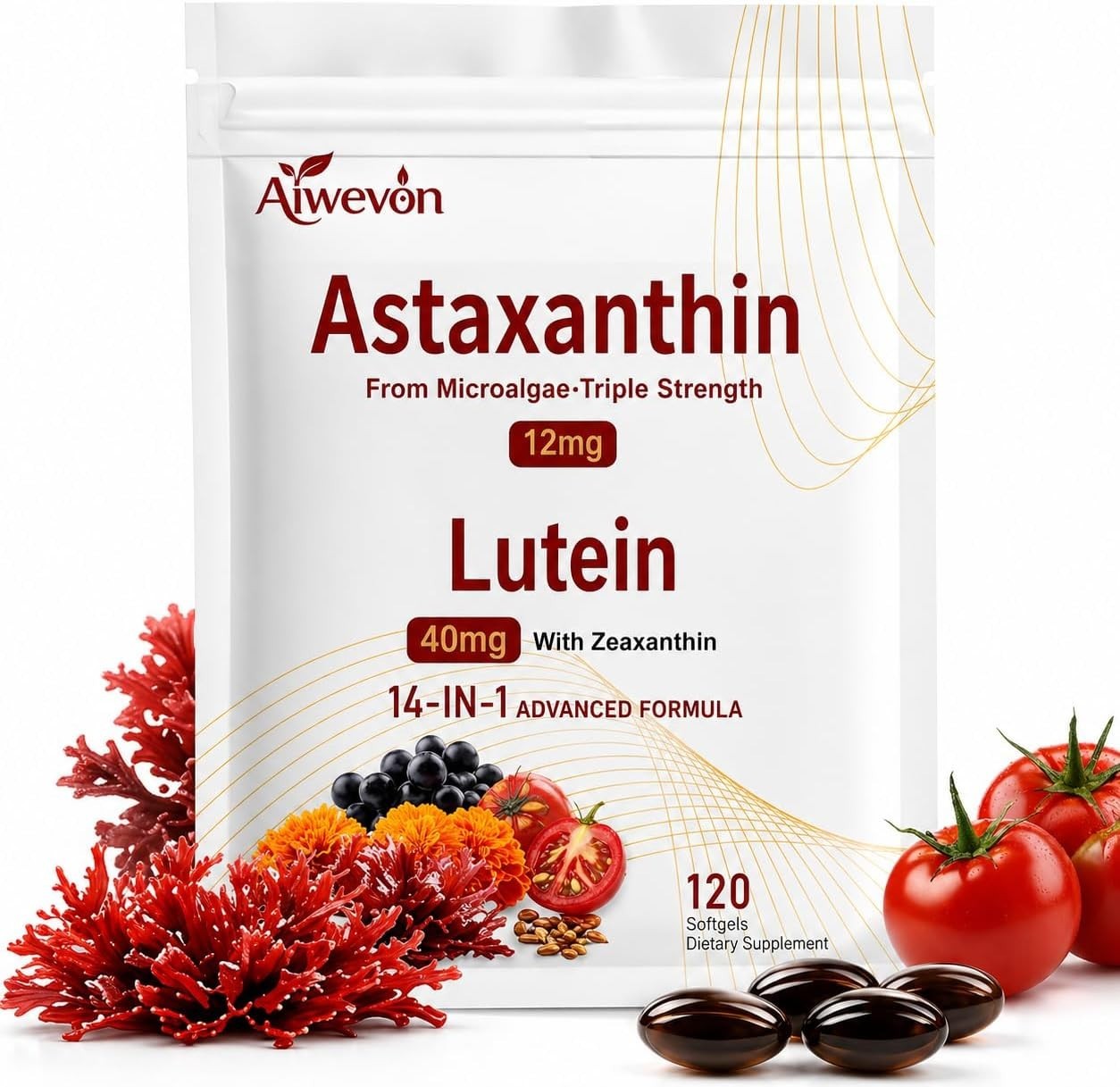 Daily Eye & Skin Health: 14-in-1 Astaxanthin and Lutein Supplement 180 Softgels