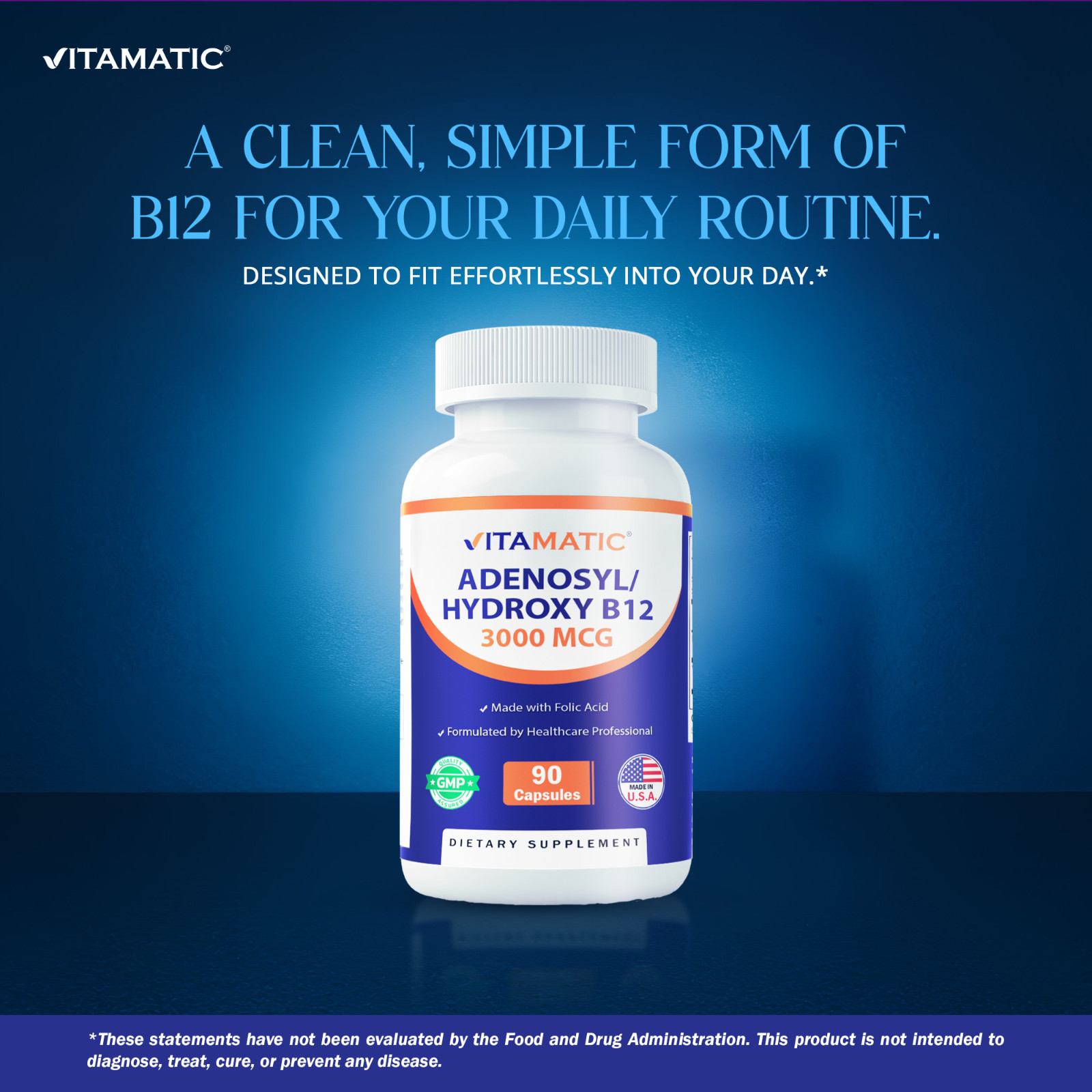 Vitamatic Adenosylcobalamin Hydroxocobalamin B12-3000 mcg with Folic Acid – 90ct