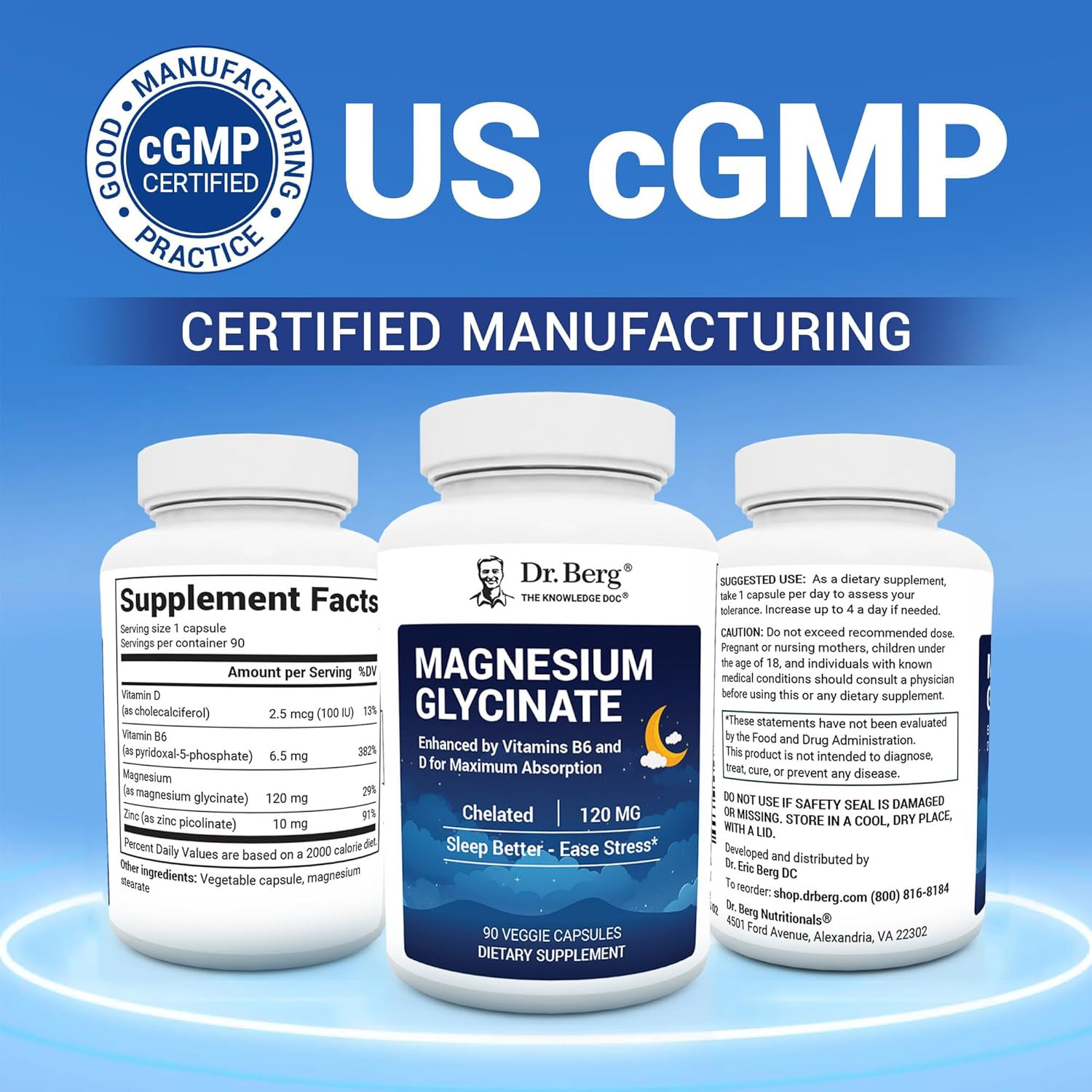 Dr. Berg Magnesium Glycinate with Vitamin D, B6 & Zinc for Stress Relief, Calm,