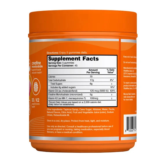 Zena Creatine Monohydrate Gummies with D3/K2, 225 Count, 5g Micronized Creatine