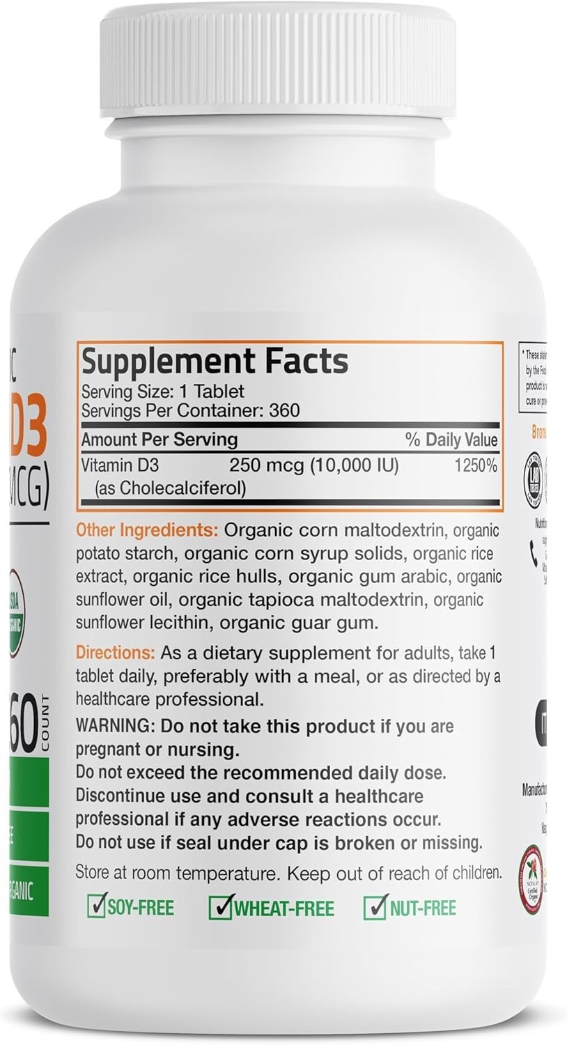 Bronson Vitamin D3 10,000 IU (250 mcg) Certified Organic High Potency Non-GMO D